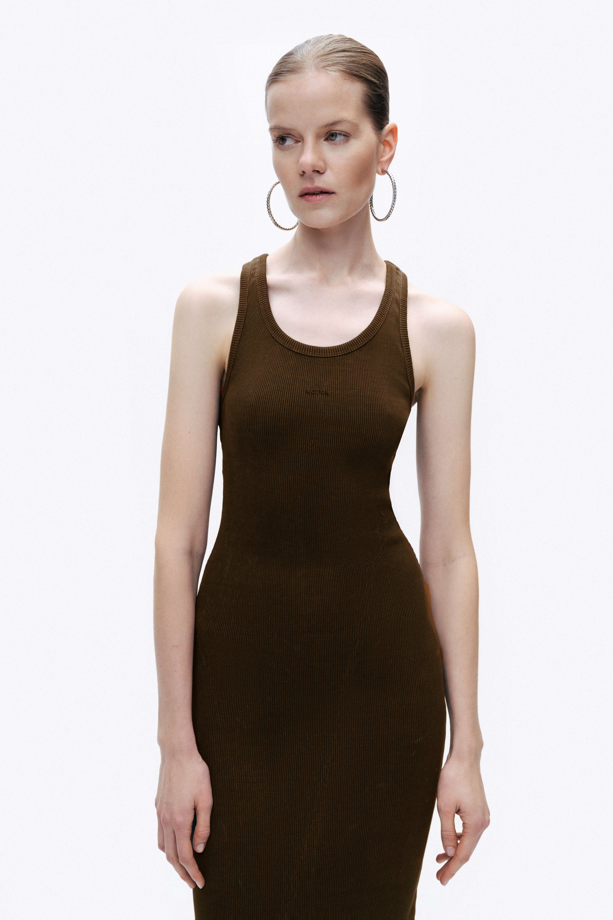 Coffee Printed Detail Maxi Bodycon Dress