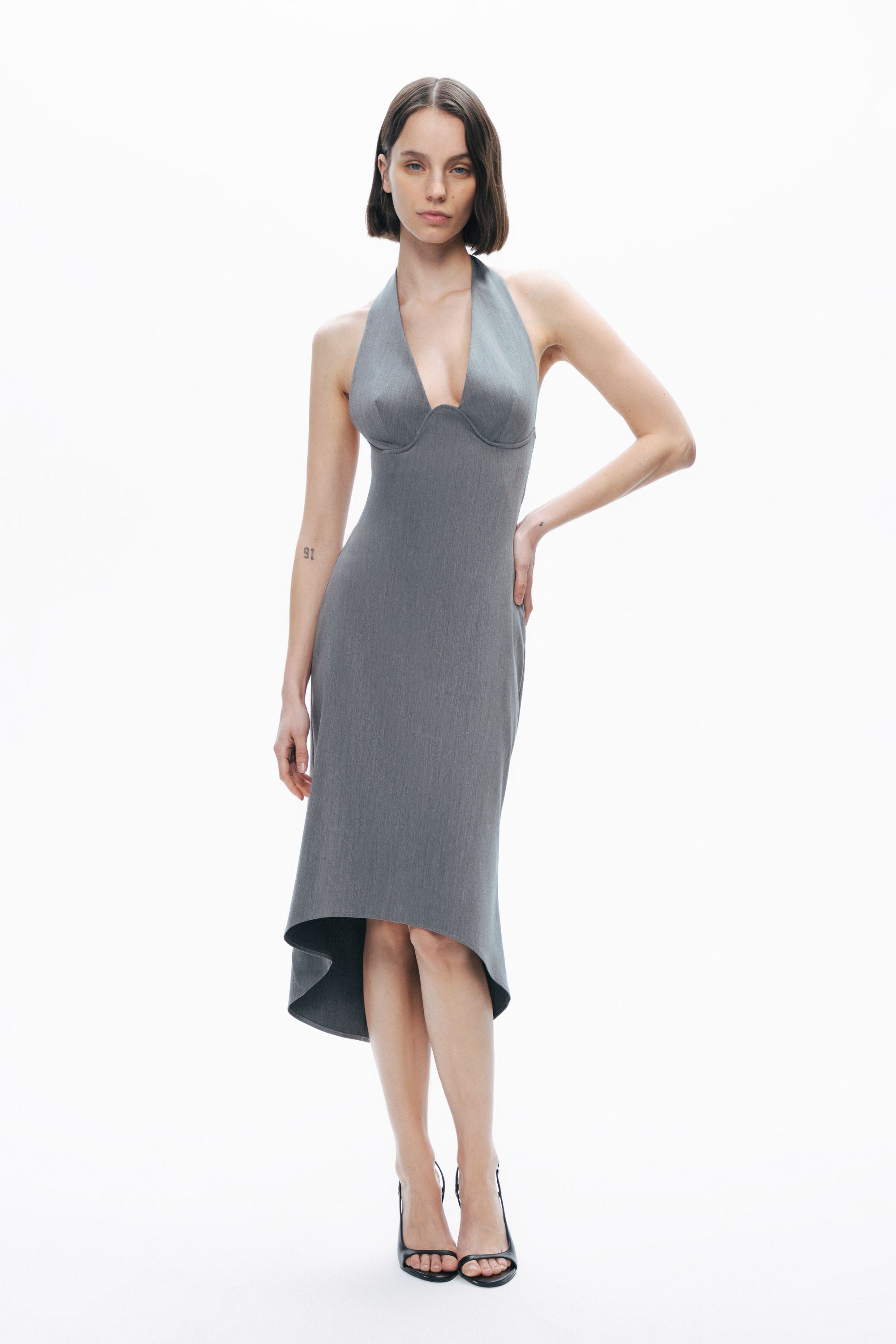 Anthracite Tie Neck Asymmetrical Midi Dress