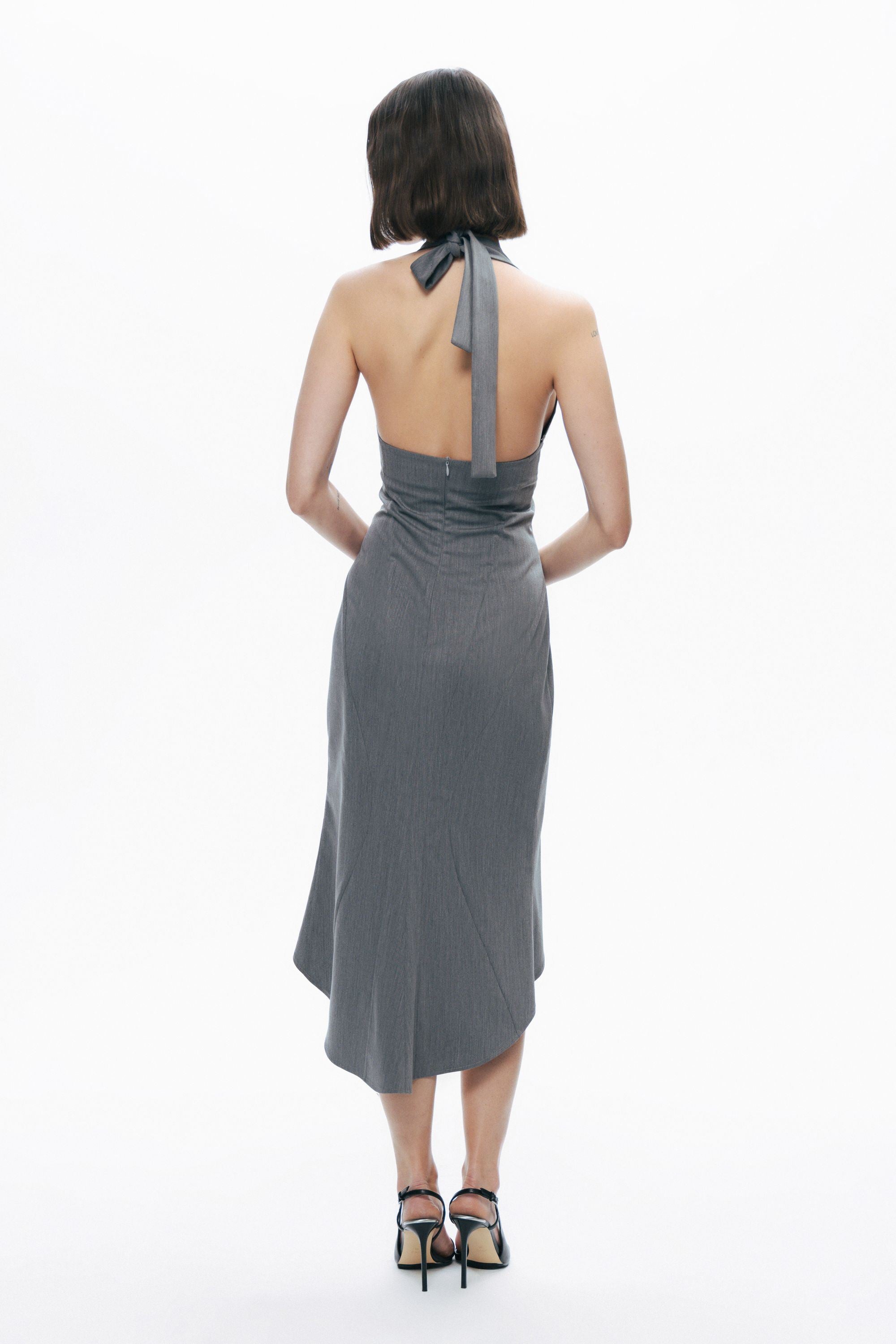 Anthracite Tie Neck Asymmetrical Midi Dress