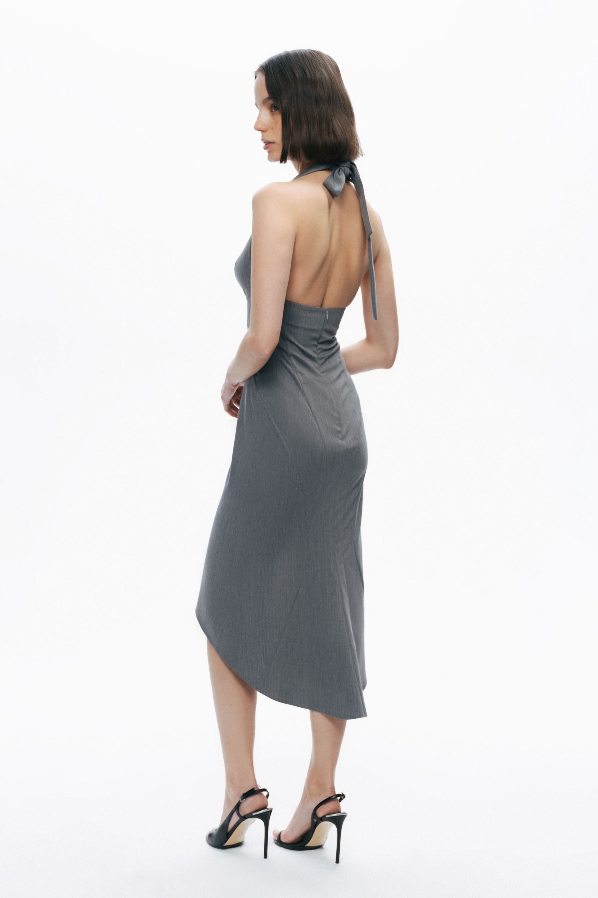 Anthracite Tie Neck Asymmetrical Midi Dress