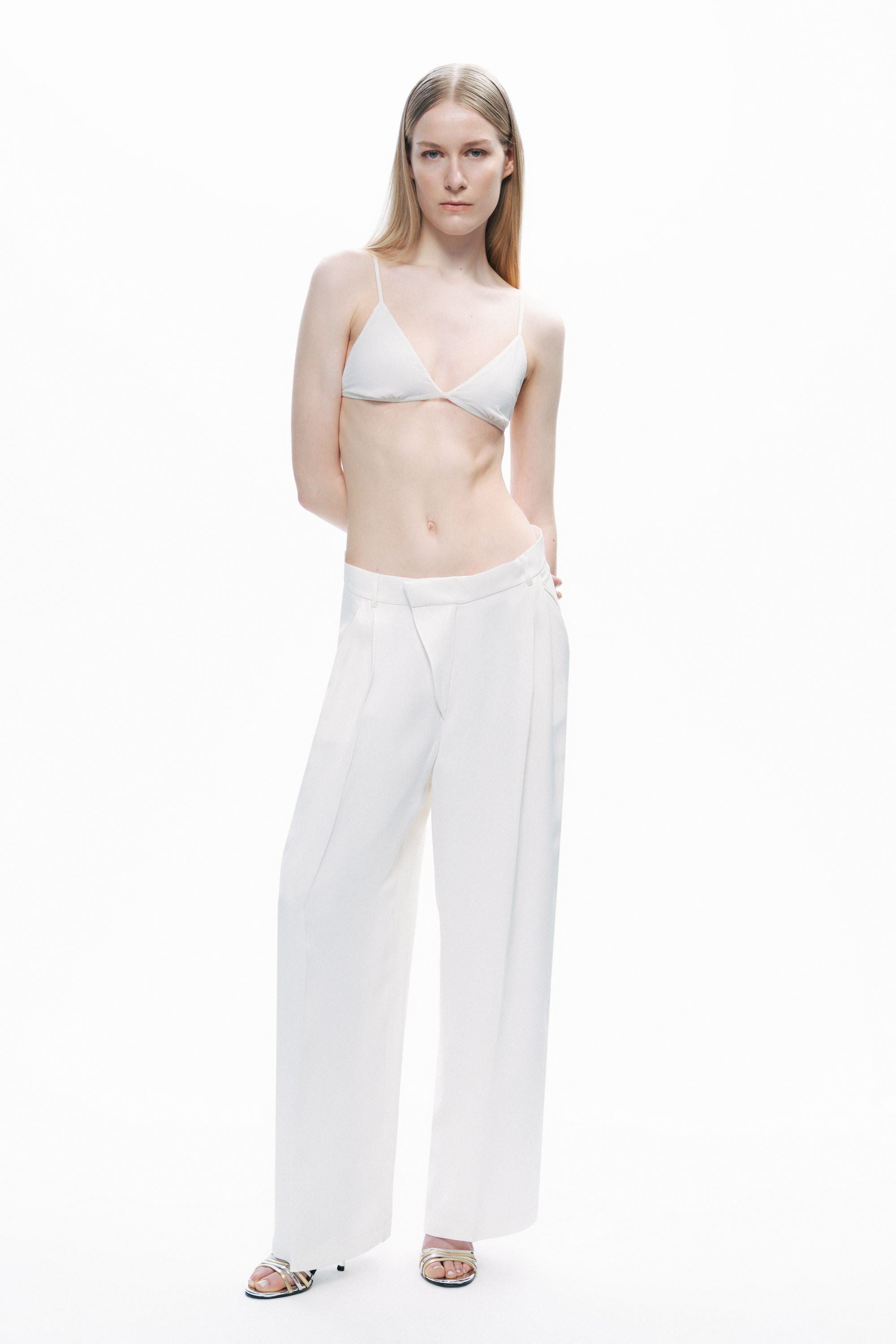Ecru Low-Rise Asymmetric Placket Detail Pants