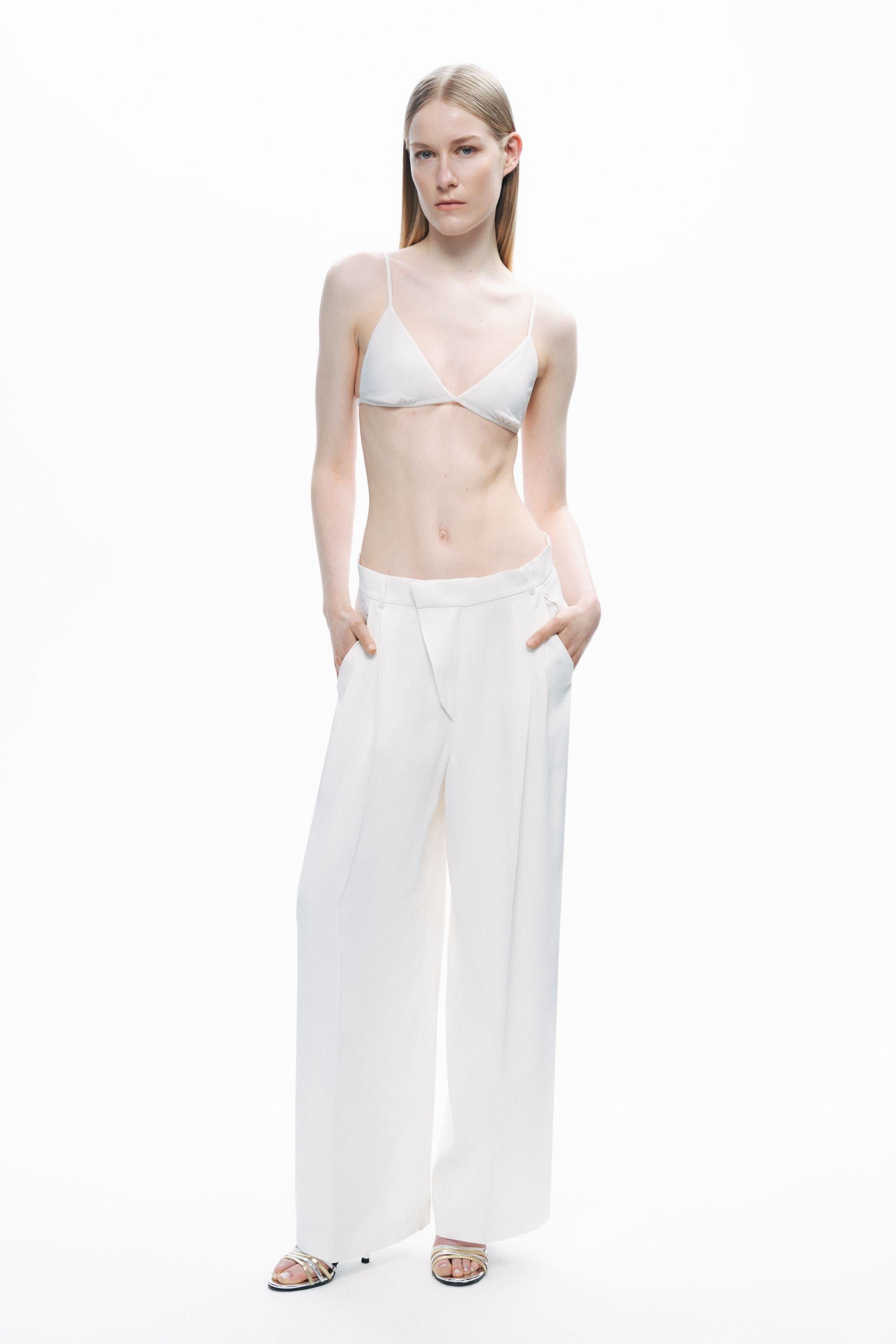 Ecru Low-Rise Asymmetric Placket Detail Pants