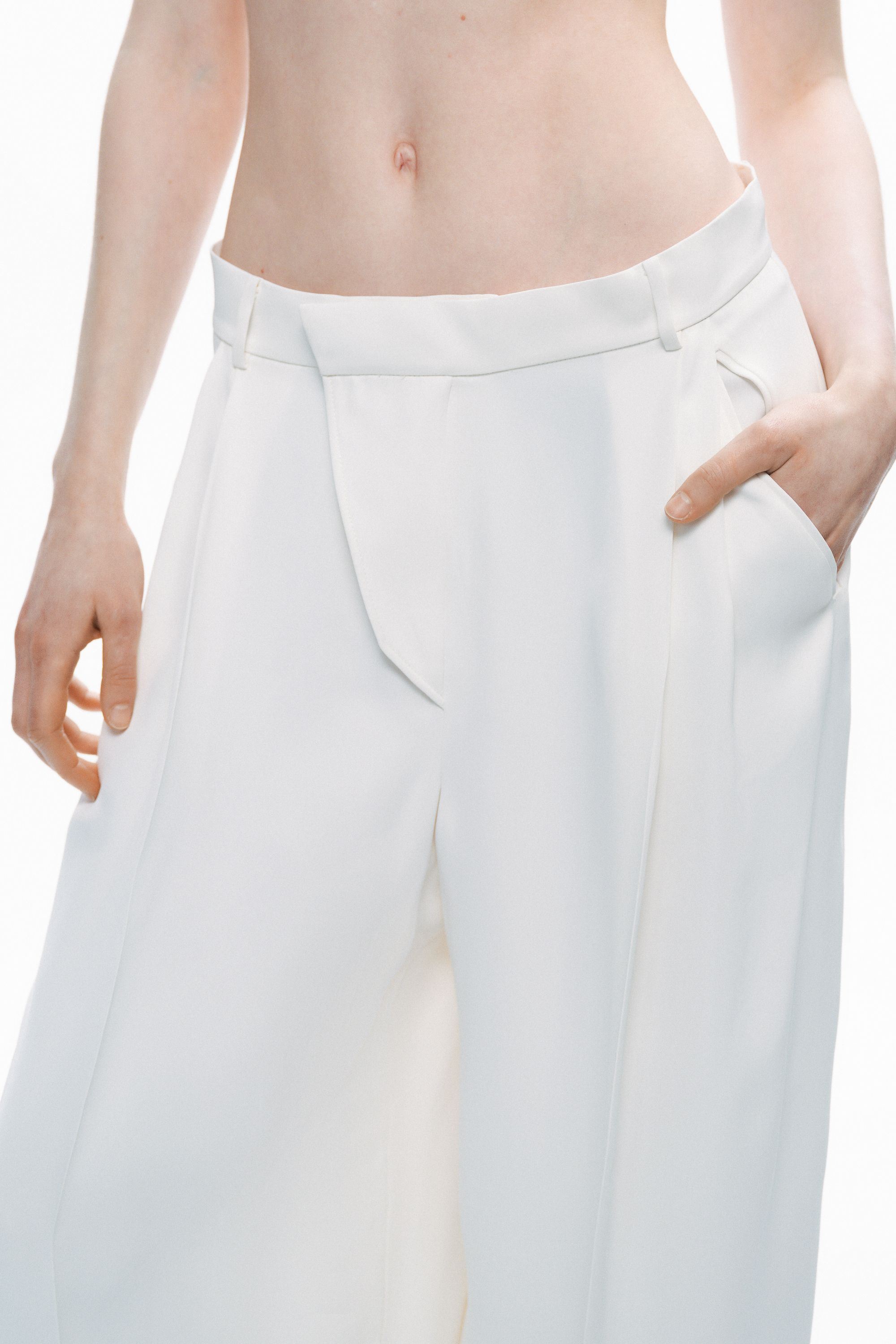 Ecru Low-Rise Asymmetric Placket Detail Pants