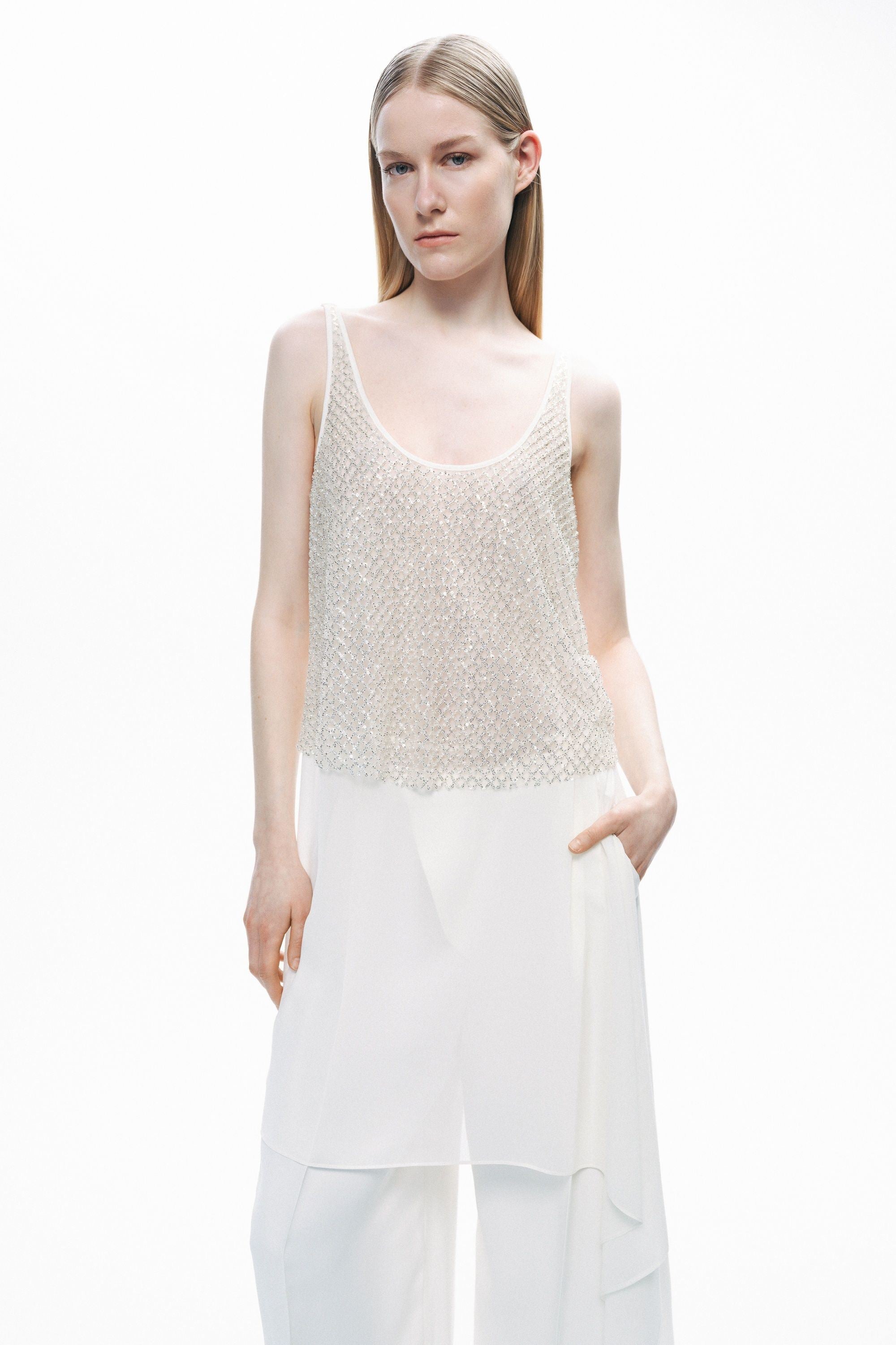 Ecru Open Back Crystal Stone Detailed Blouse