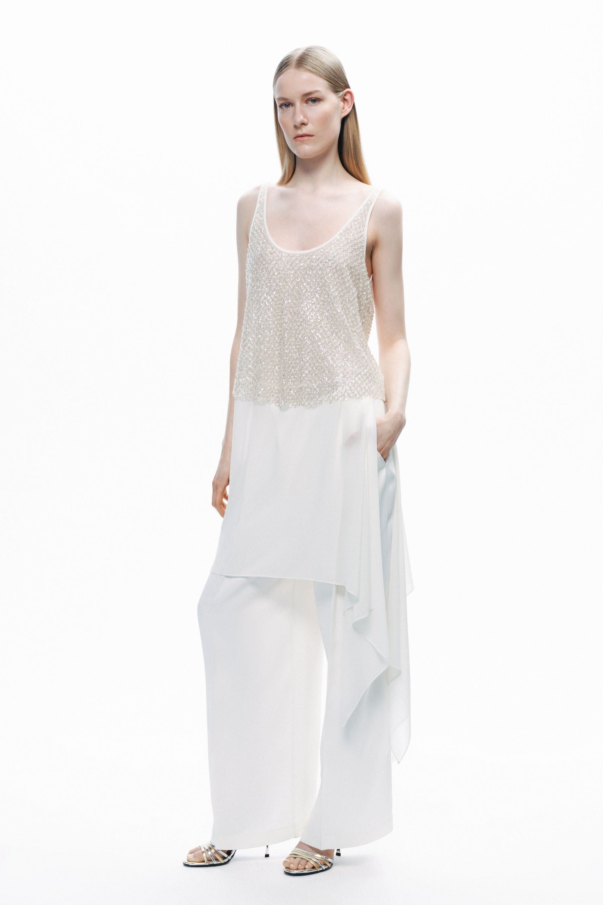 Ecru Open Back Crystal Stone Detailed Blouse