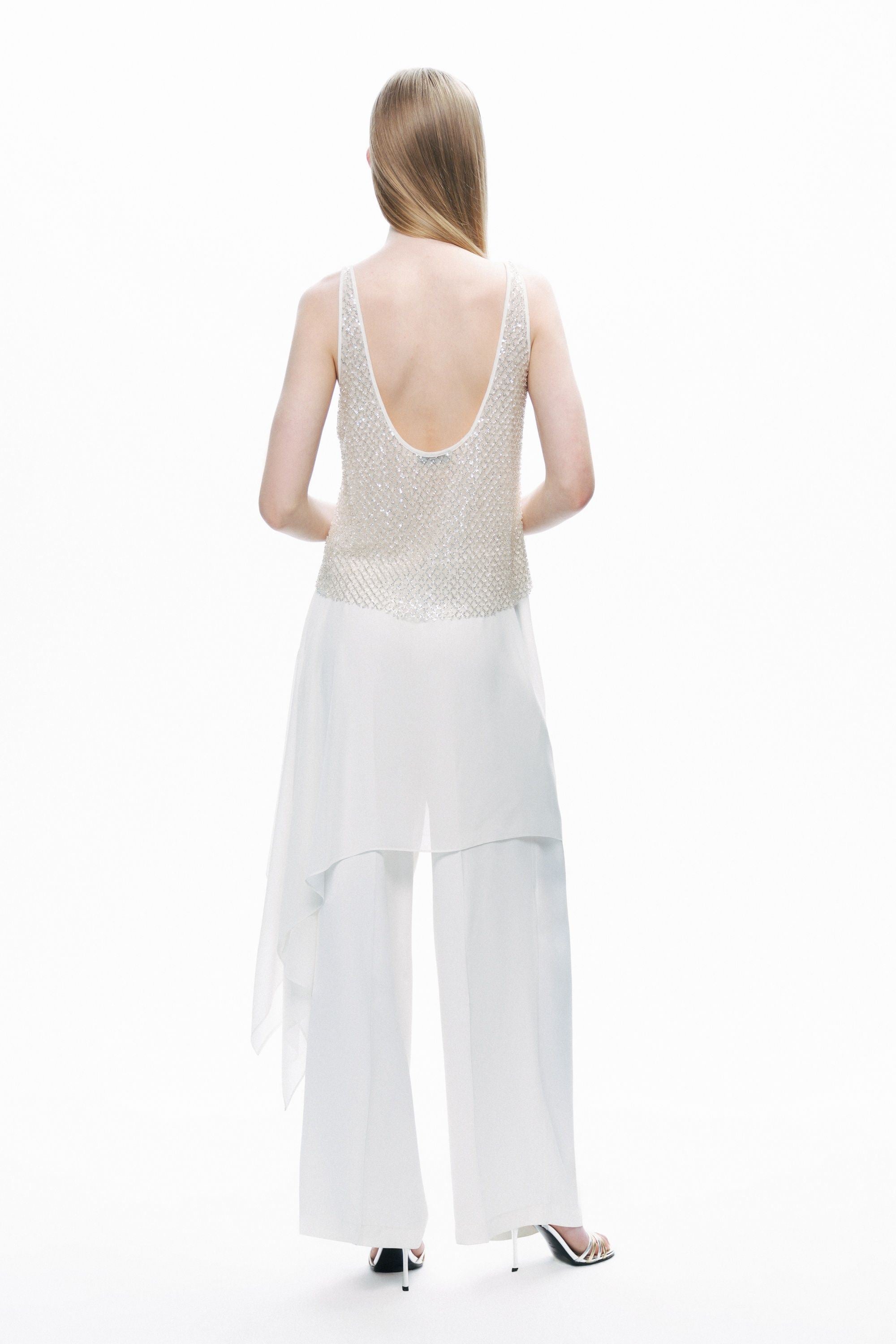 Ecru Open Back Crystal Stone Detailed Blouse