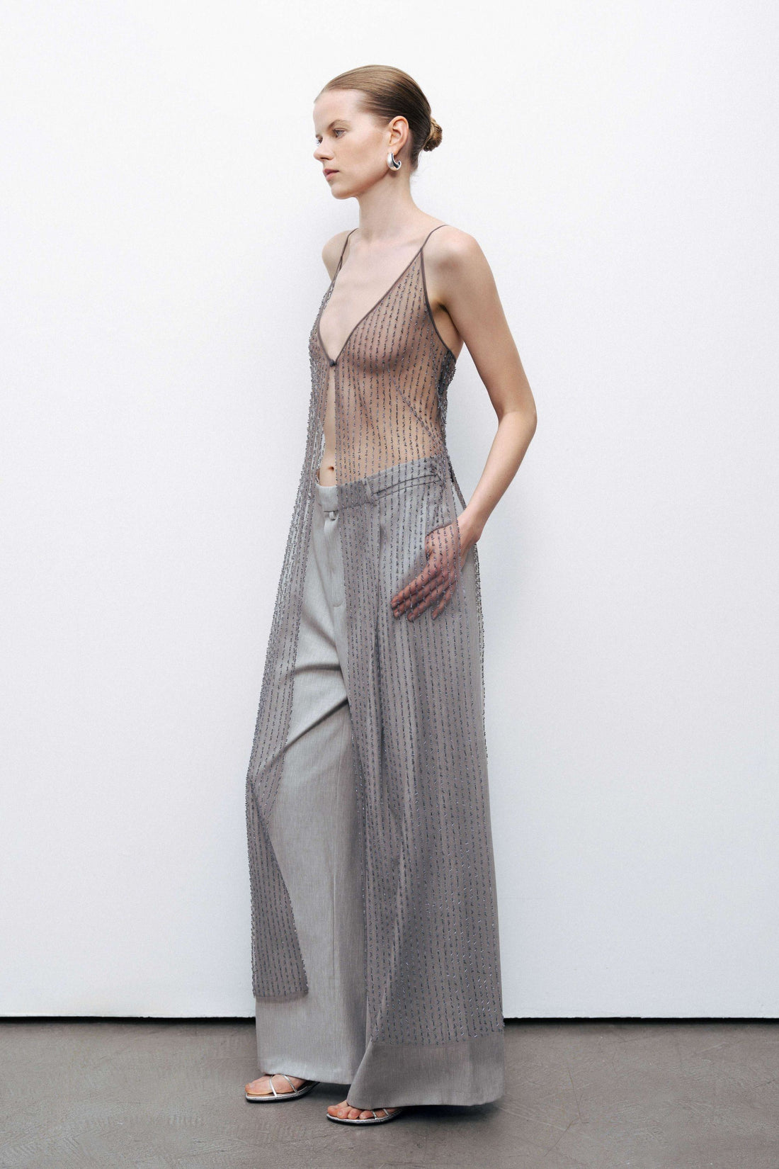 Anthracite Bead Embroidered Maxi Vest