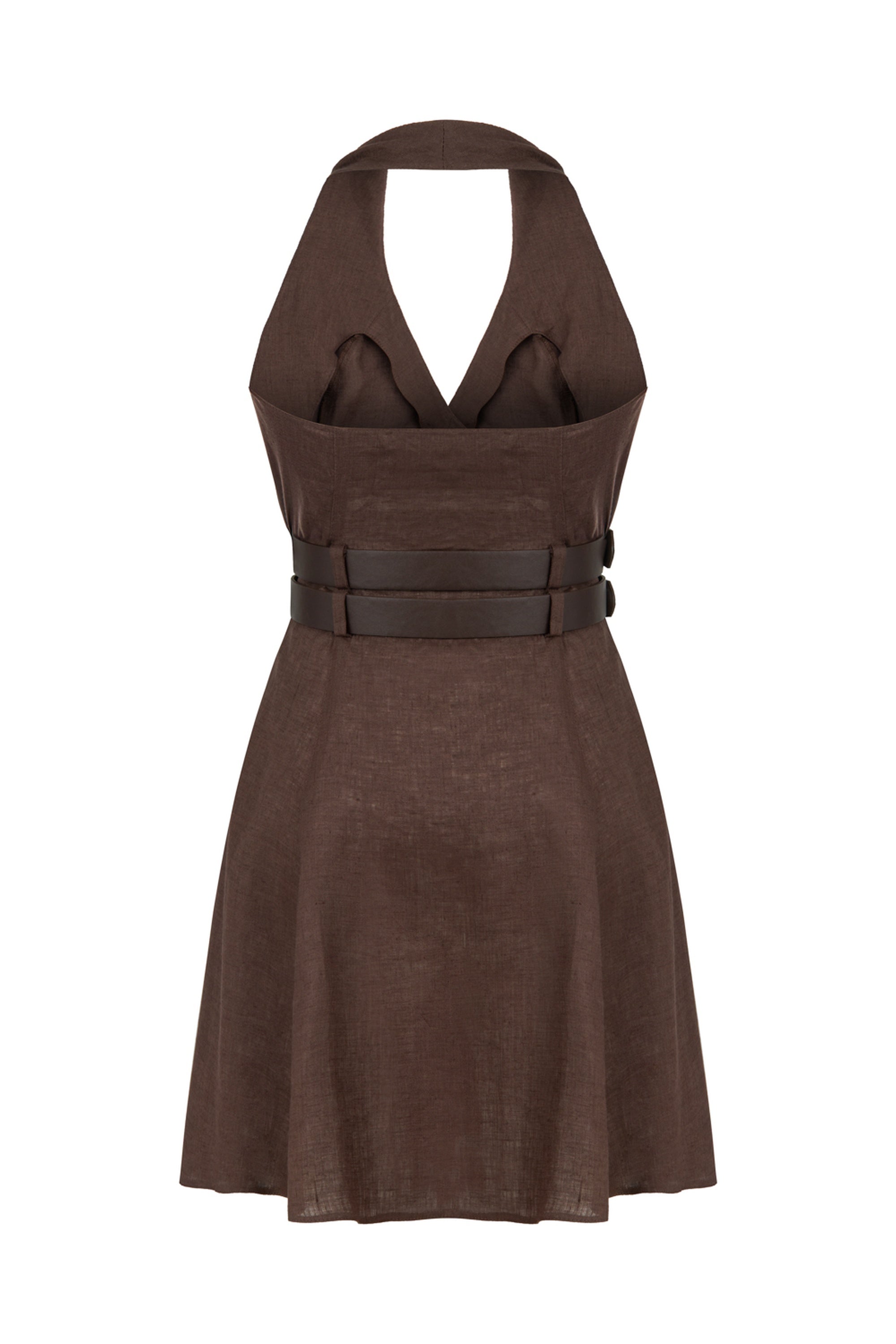 Coffee Double Belt Detailed Halter Neck Mini Dress