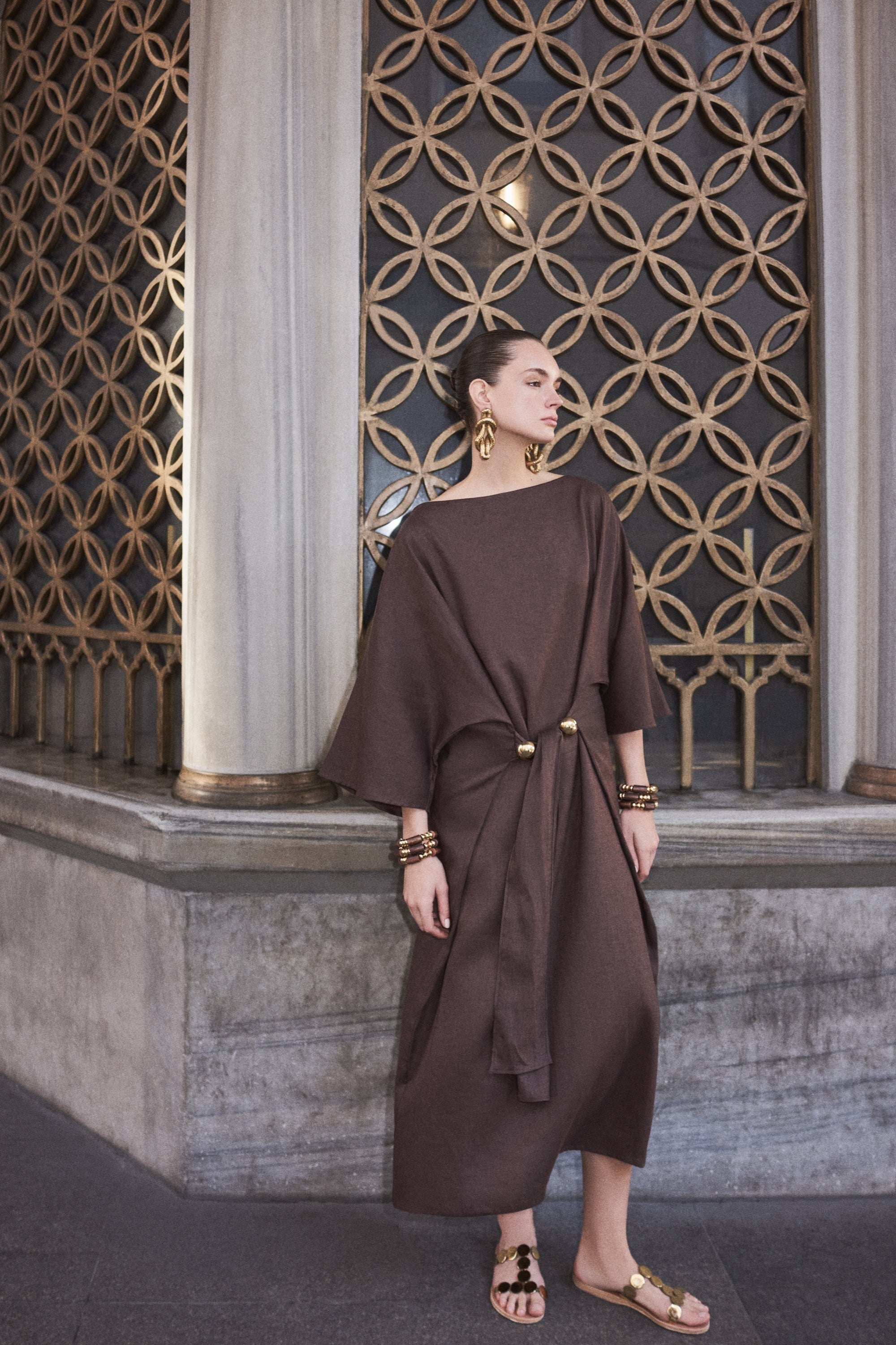 Coffee Linen Accessory Detailed Midi Dress