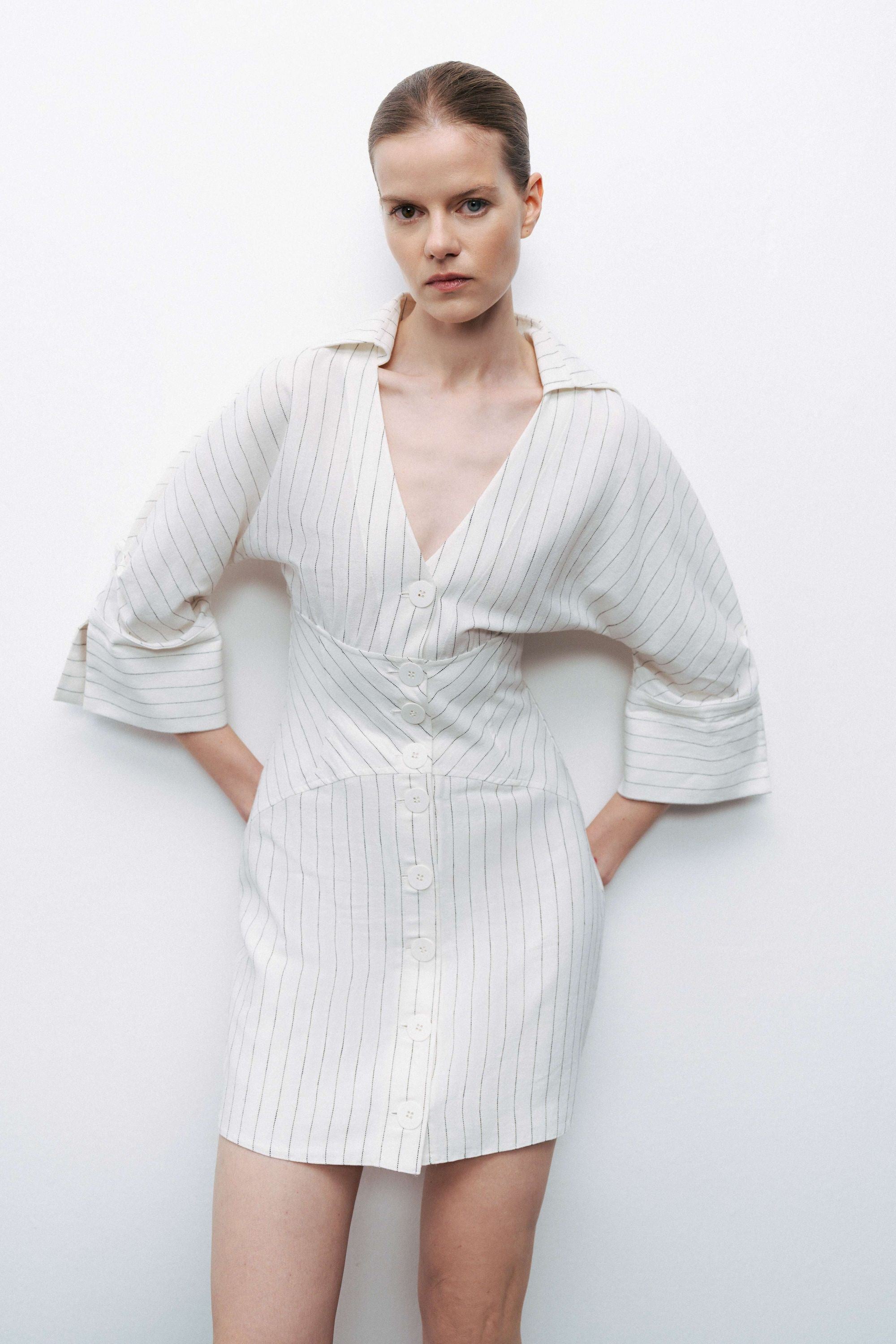 Corset-Inspired Linen Blend Striped Shirt Dress