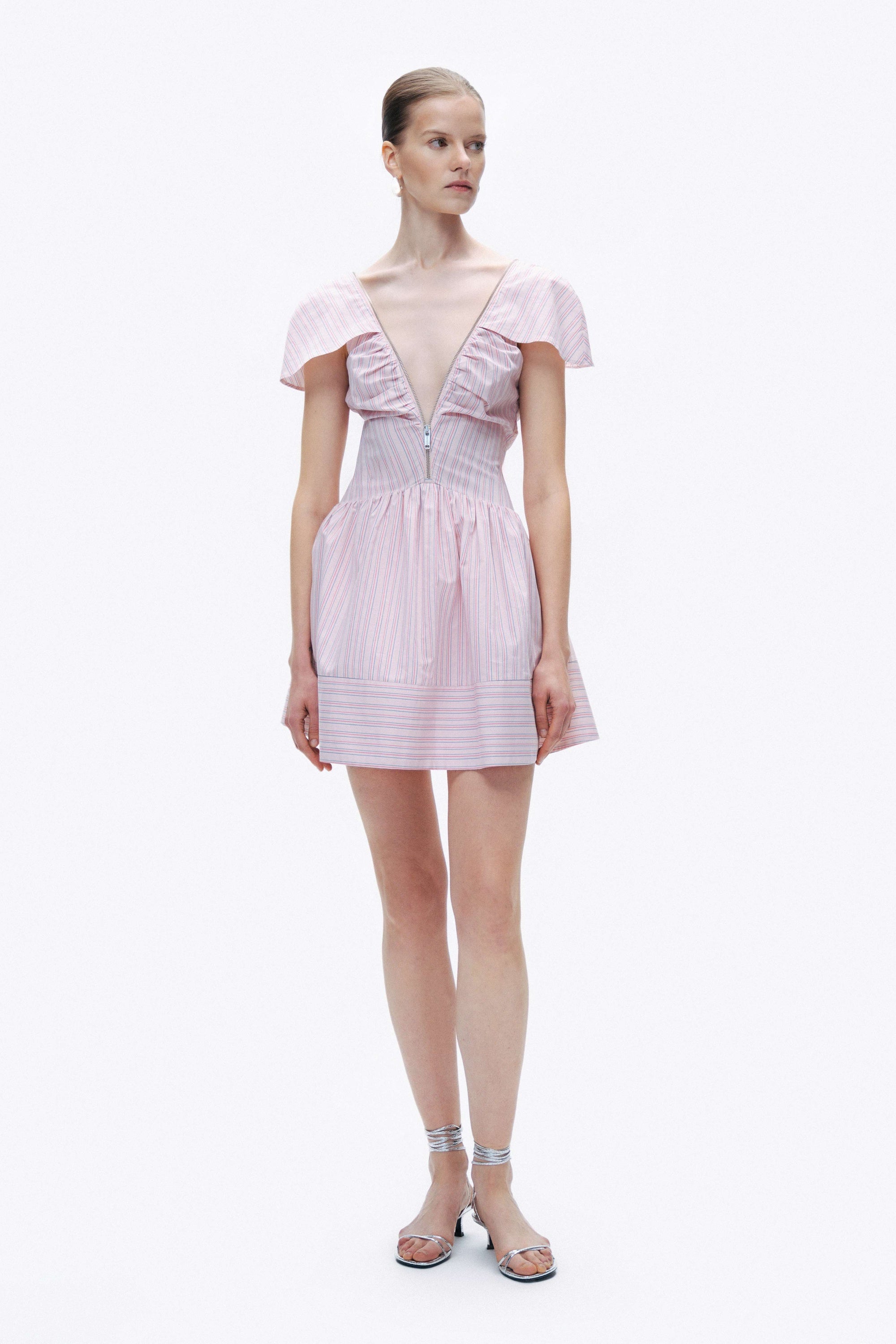 Pink Striped Mini Dress with Zipper Detail