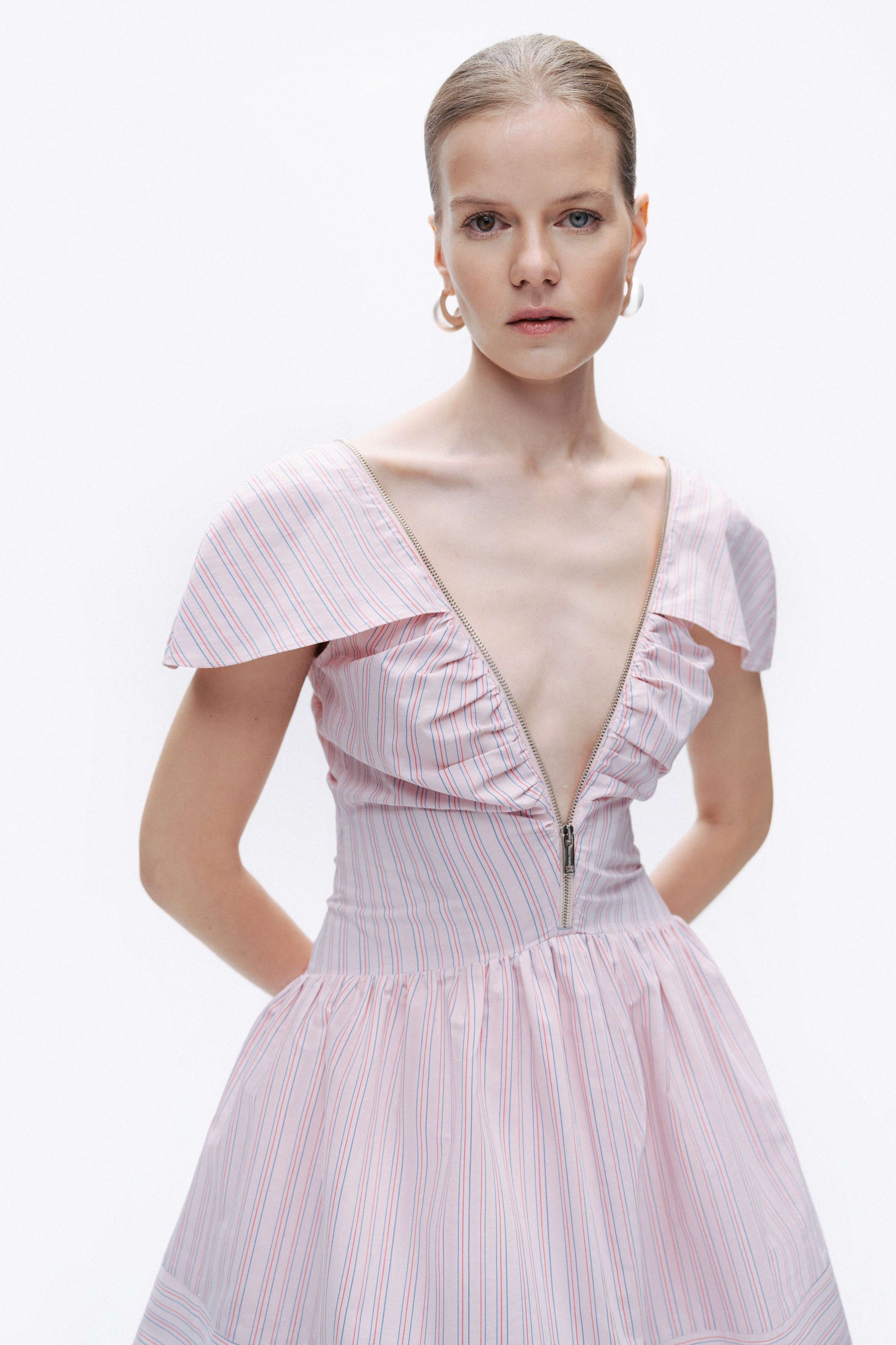 Pink Striped Mini Dress with Zipper Detail