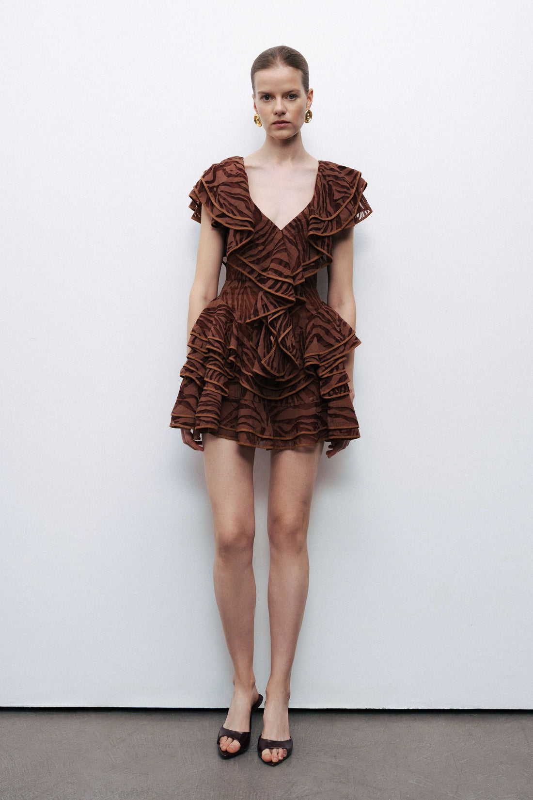 Coffee Ruffle Patterned Mini Dress