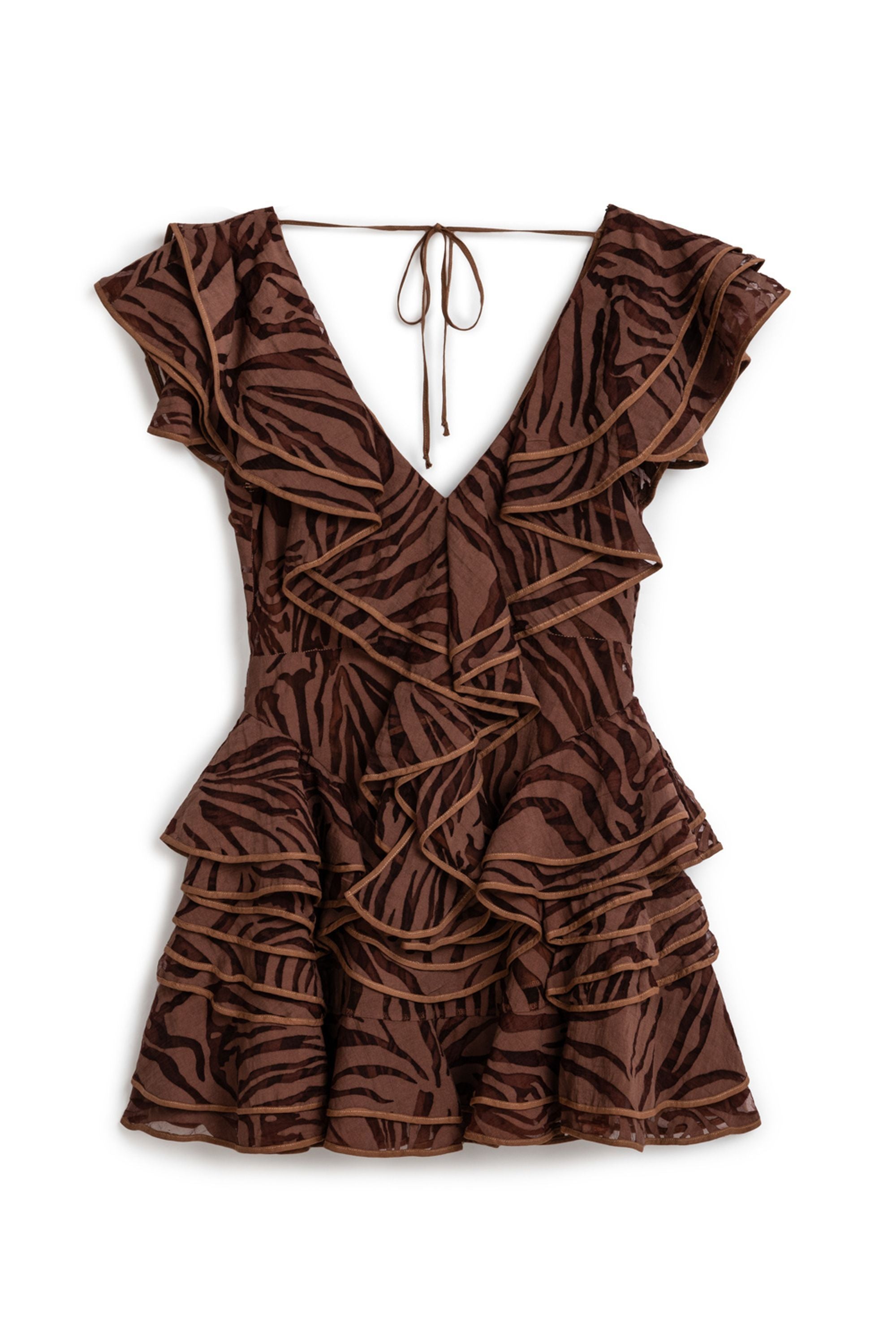 Coffee Ruffle Patterned Mini Dress