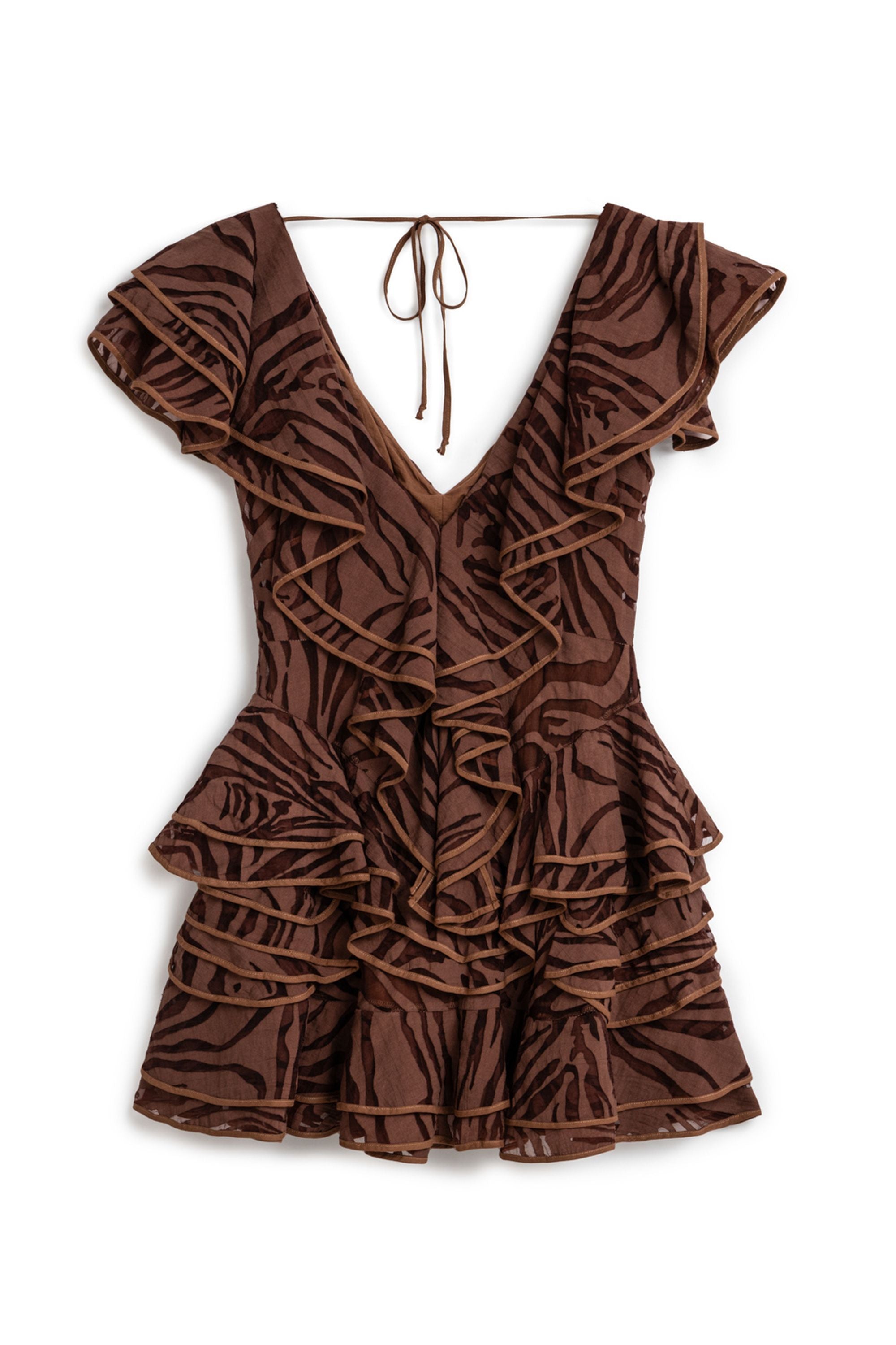 Coffee Ruffle Patterned Mini Dress