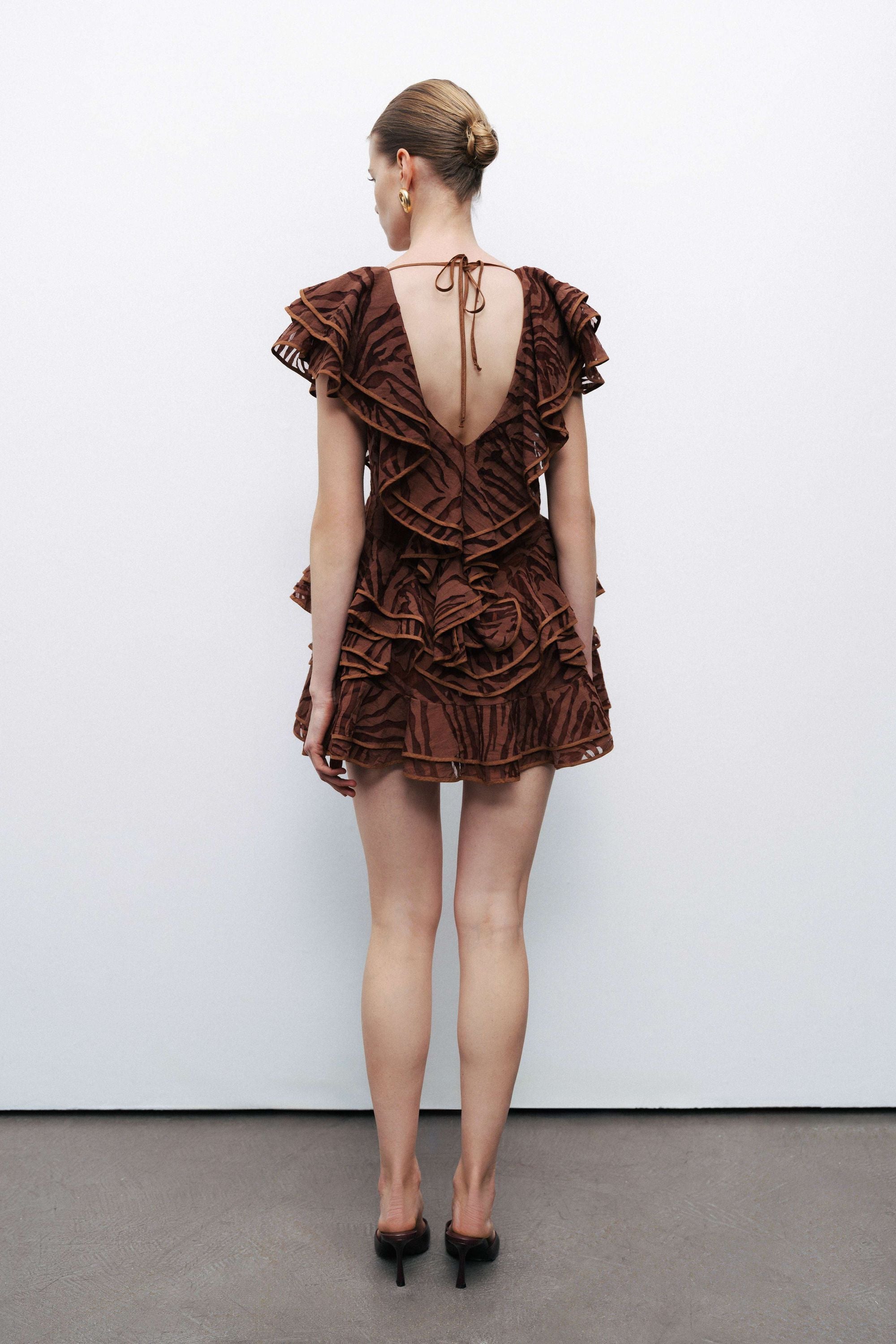 Coffee Ruffle Patterned Mini Dress