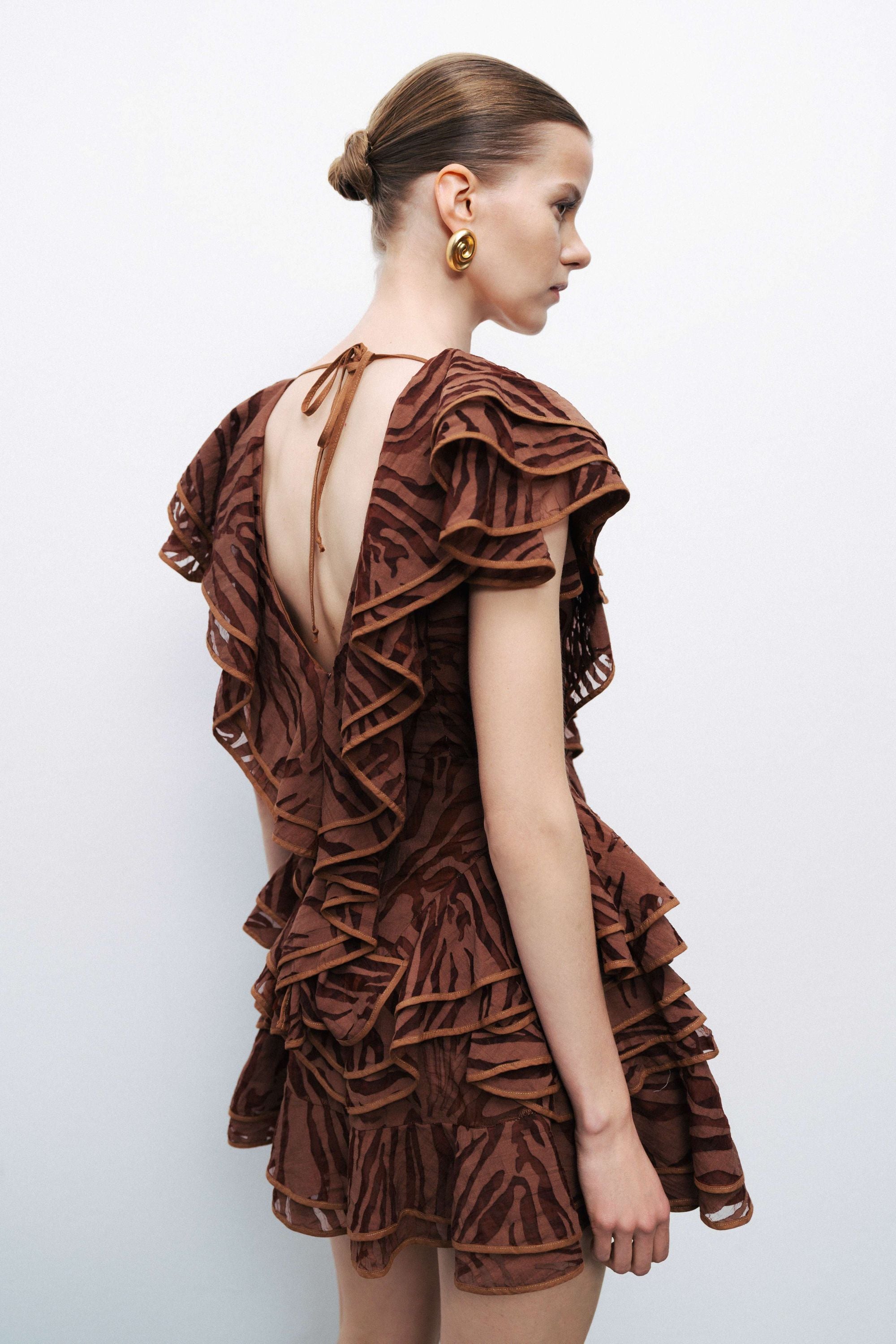 Coffee Ruffle Patterned Mini Dress