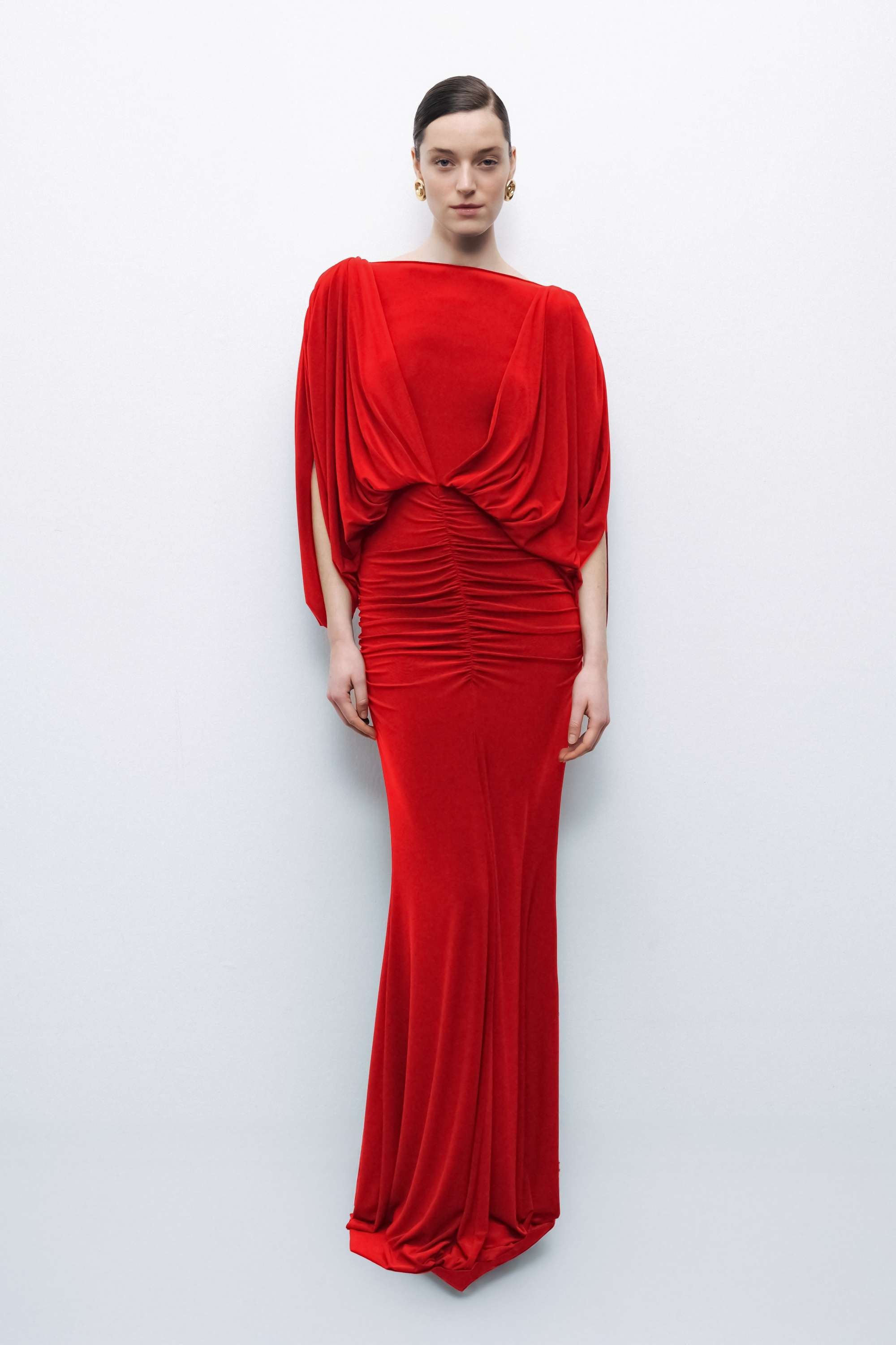 Red Boat Neck Draped Maxi Dress