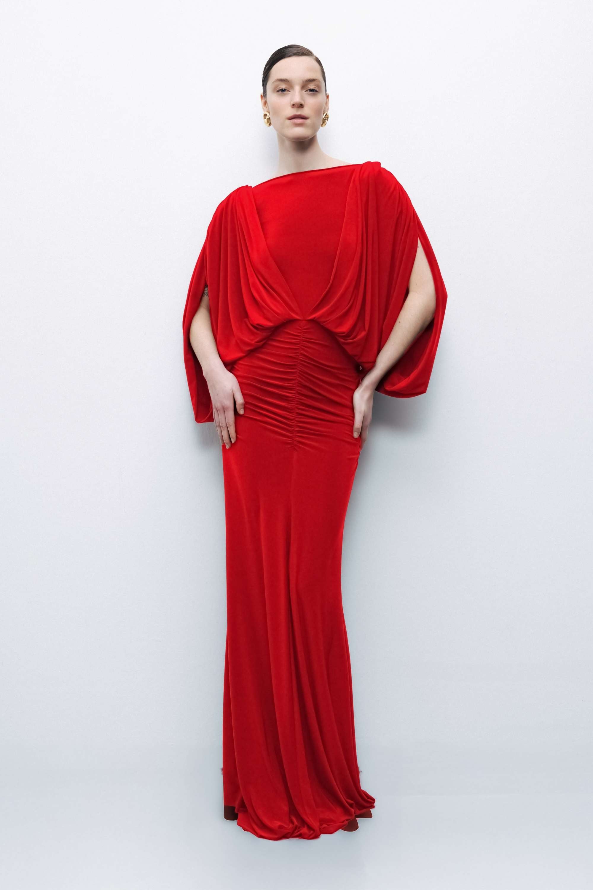 Red Boat Neck Draped Maxi Dress