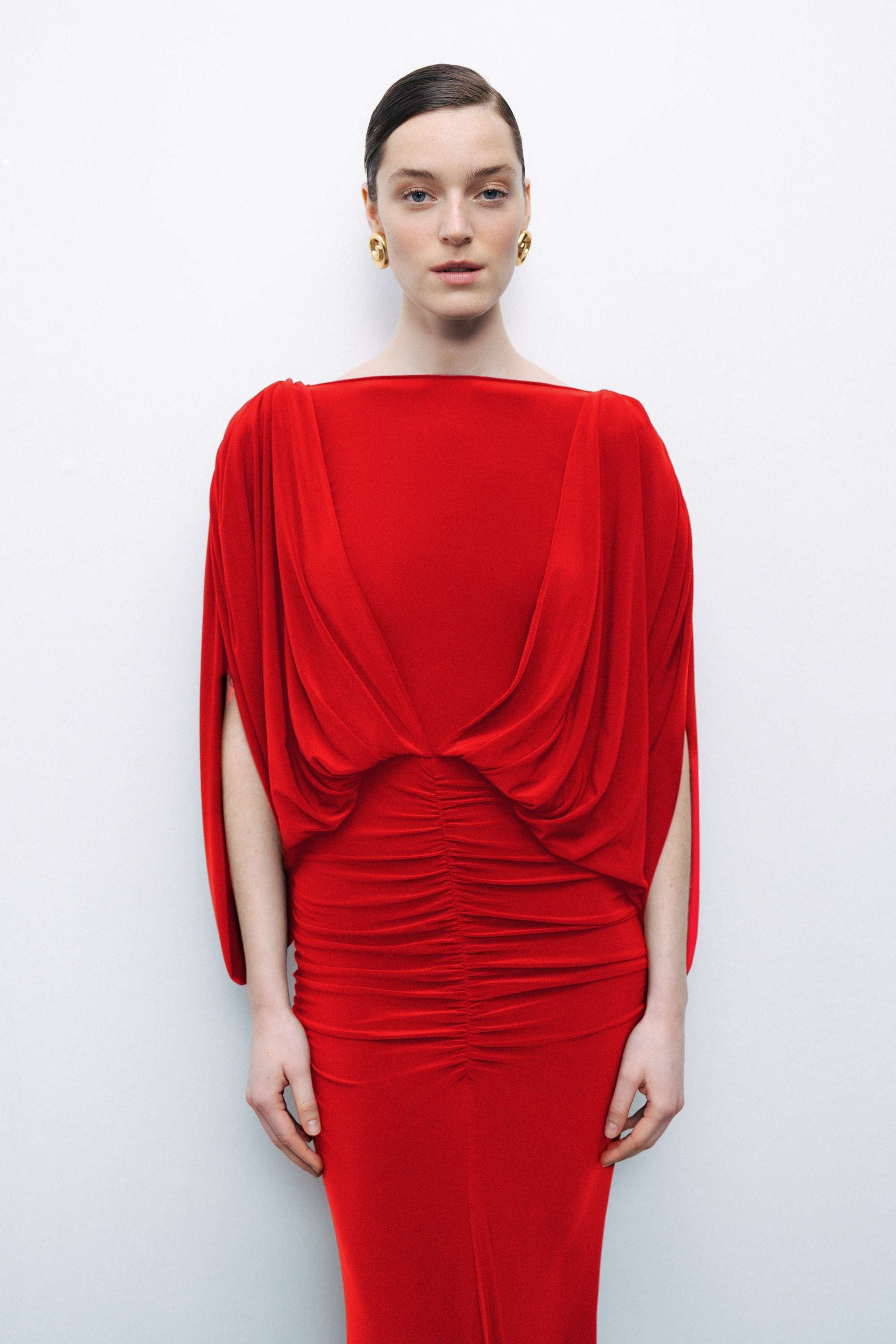 Red Boat Neck Draped Maxi Dress