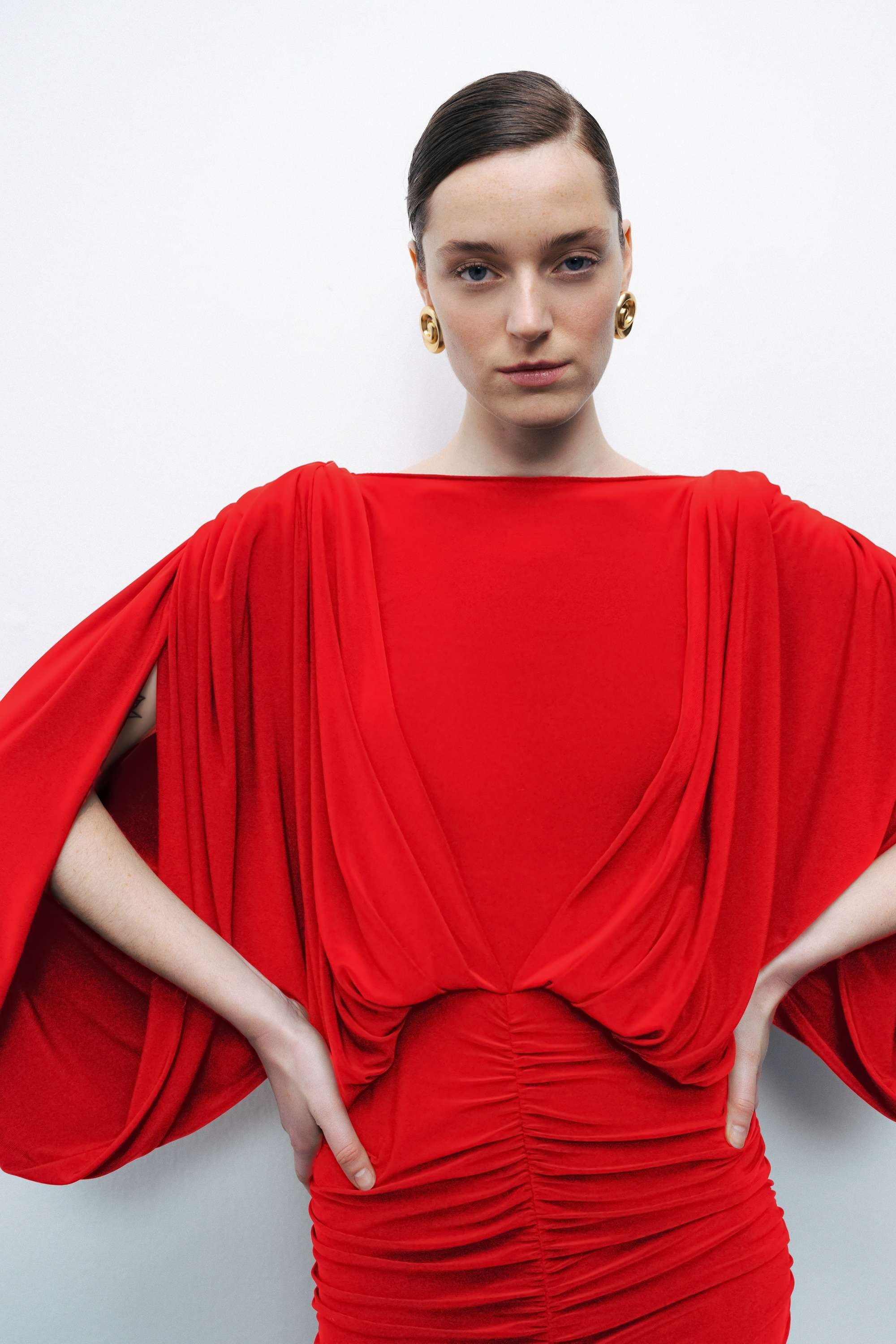 Red Boat Neck Draped Maxi Dress