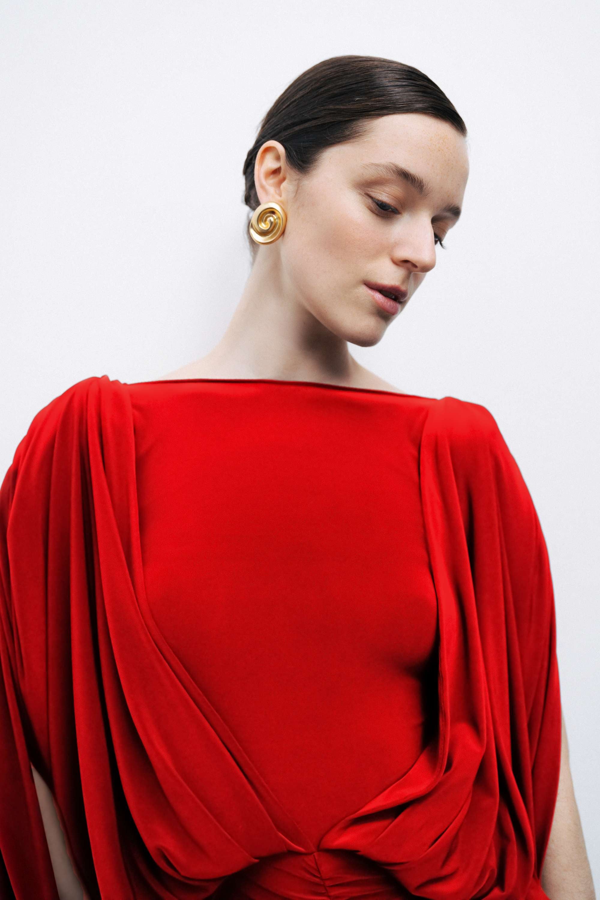 Red Boat Neck Draped Maxi Dress