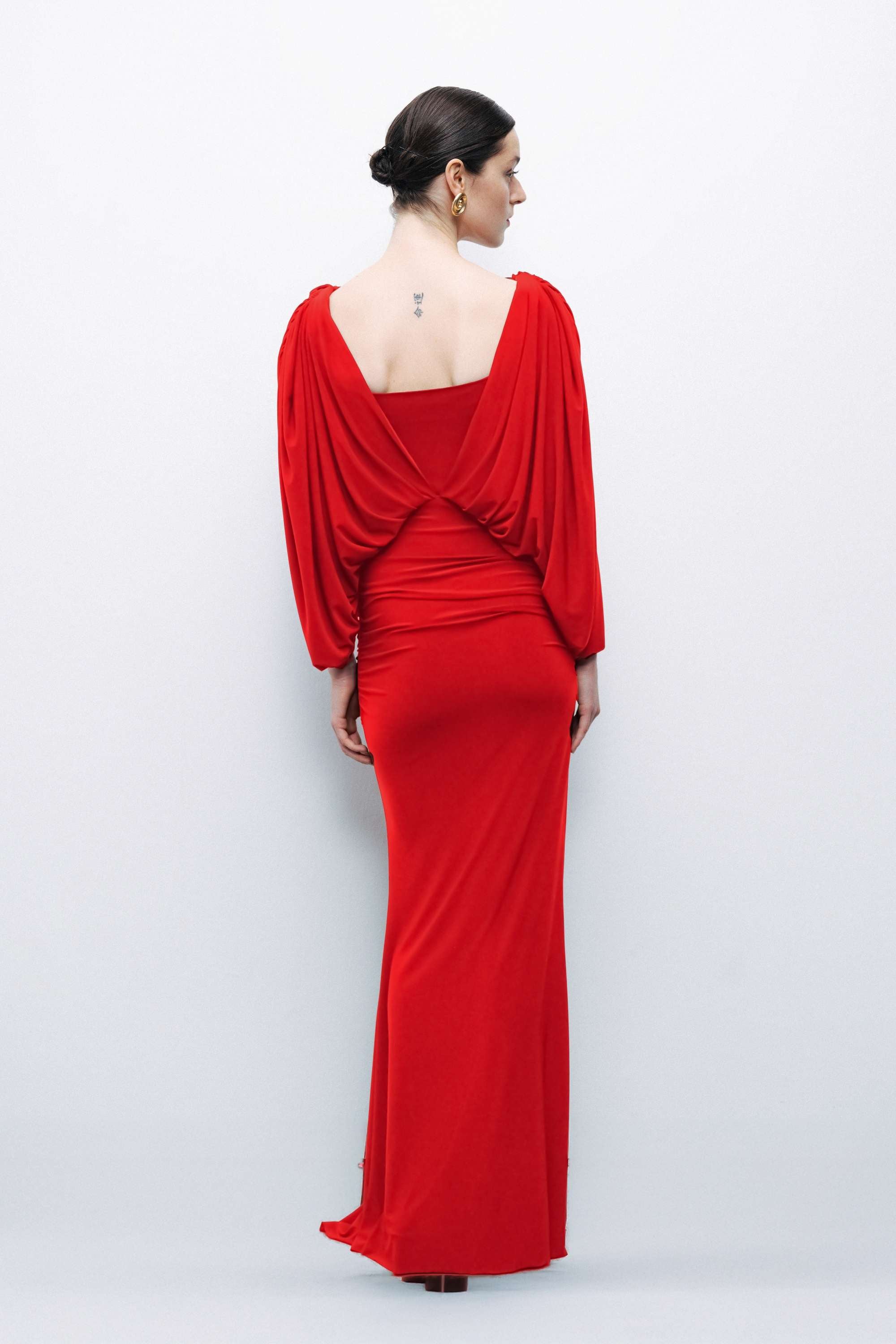 Red Boat Neck Draped Maxi Dress
