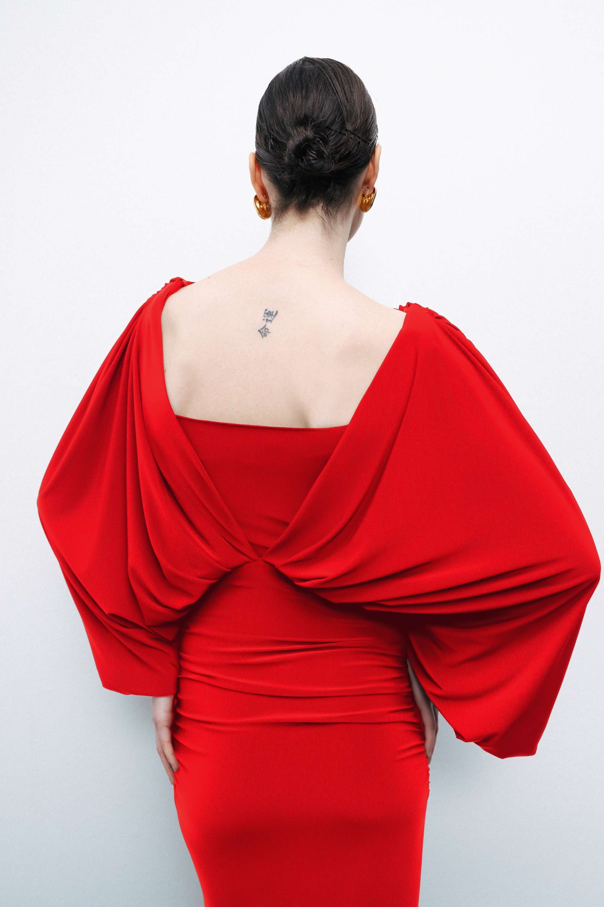 Red Boat Neck Draped Maxi Dress