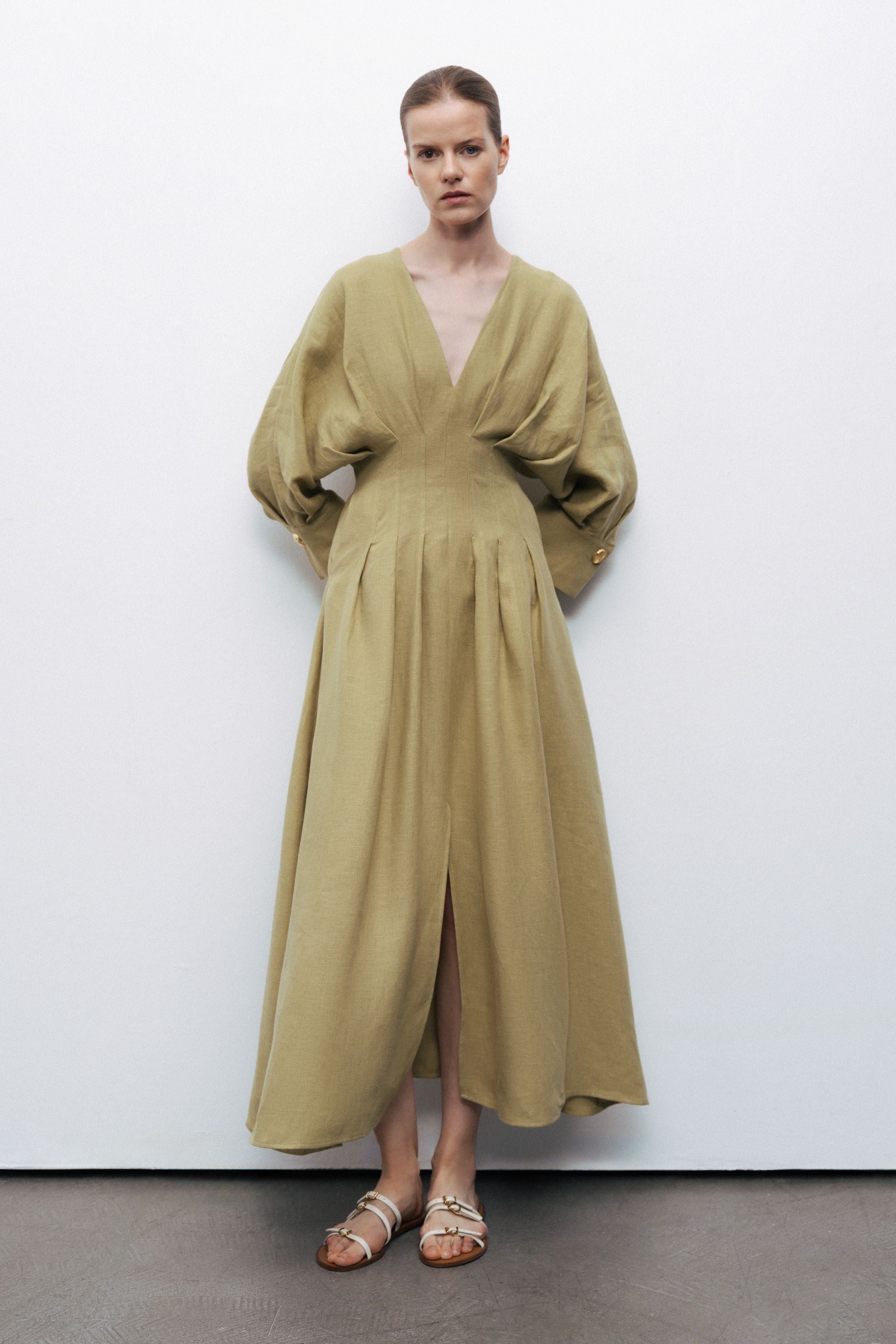 Olive Linen Pleated Midi Dress