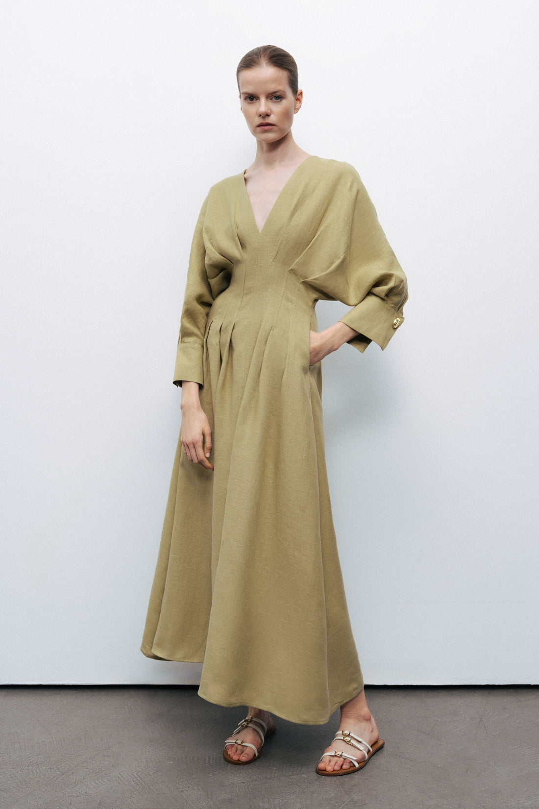 Olive Linen Pleated Midi Dress