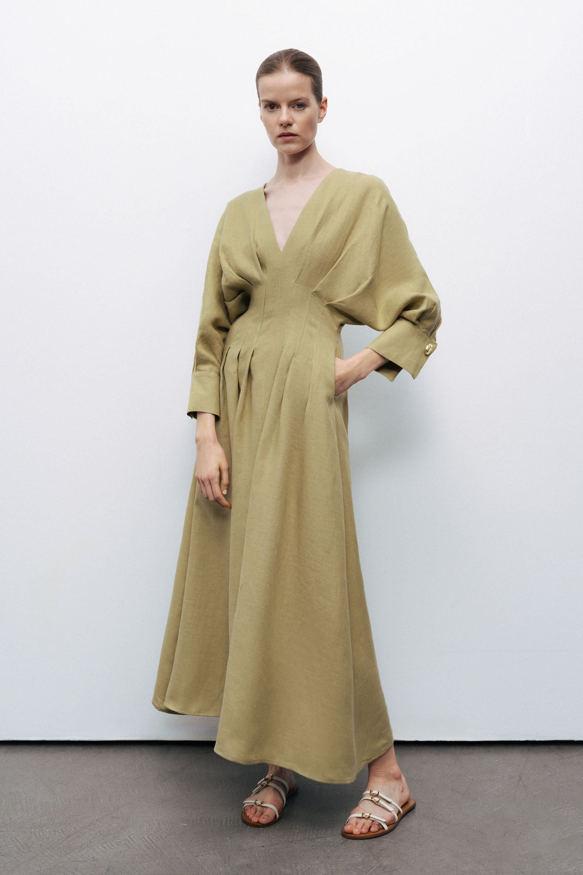 Olive Linen Pleated Midi Dress