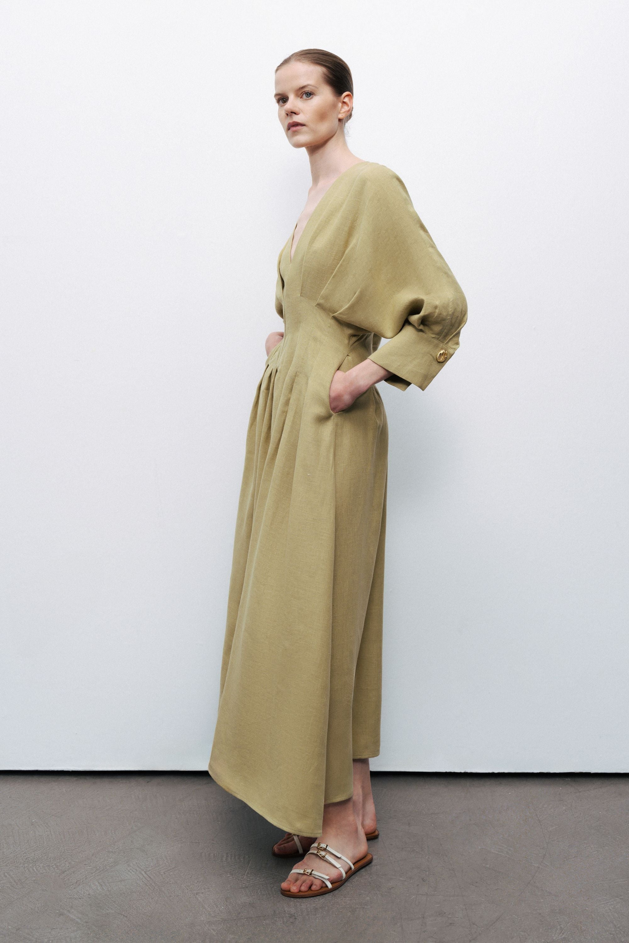 Olive Linen Pleated Midi Dress