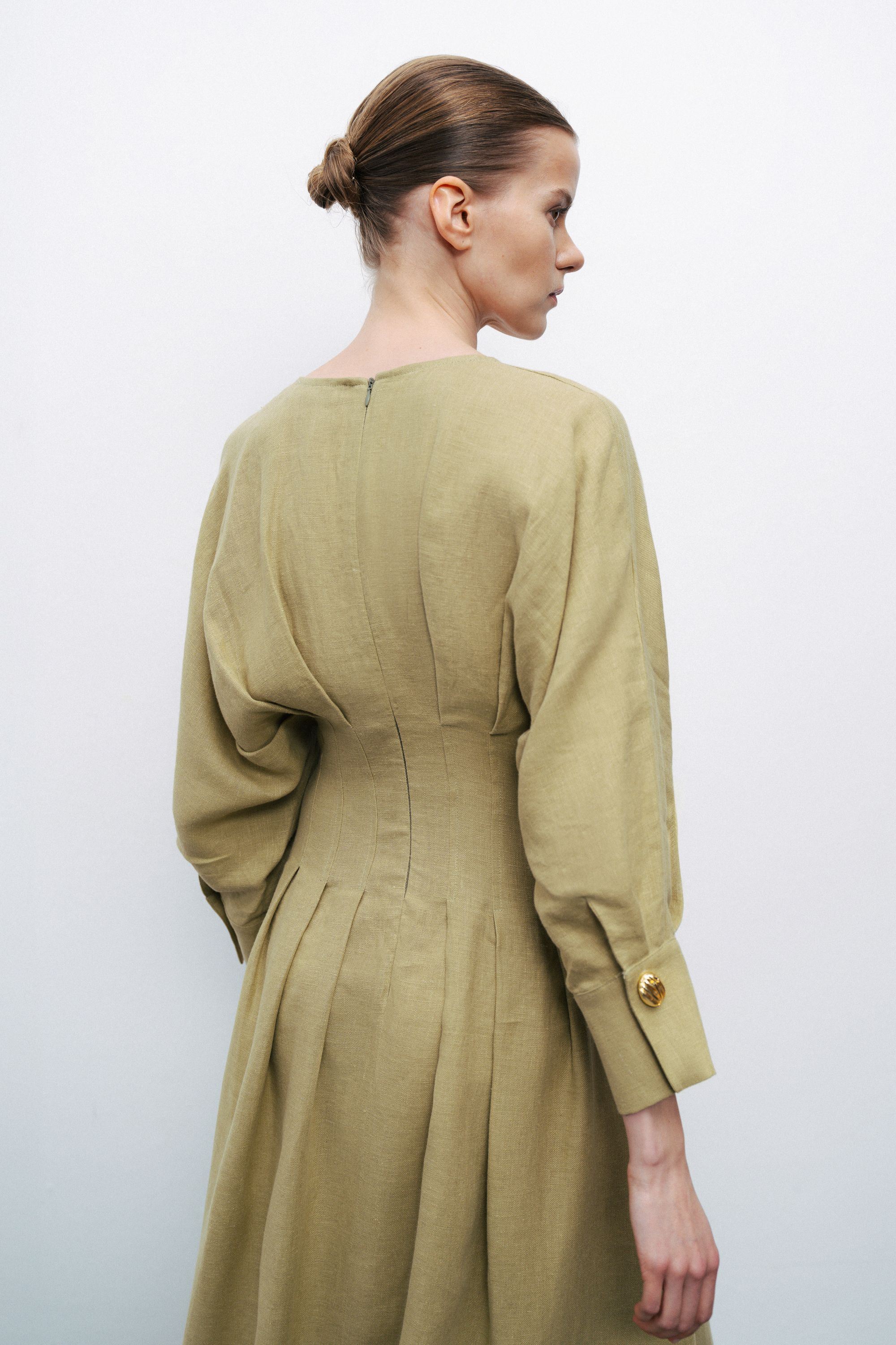 Olive Linen Pleated Midi Dress