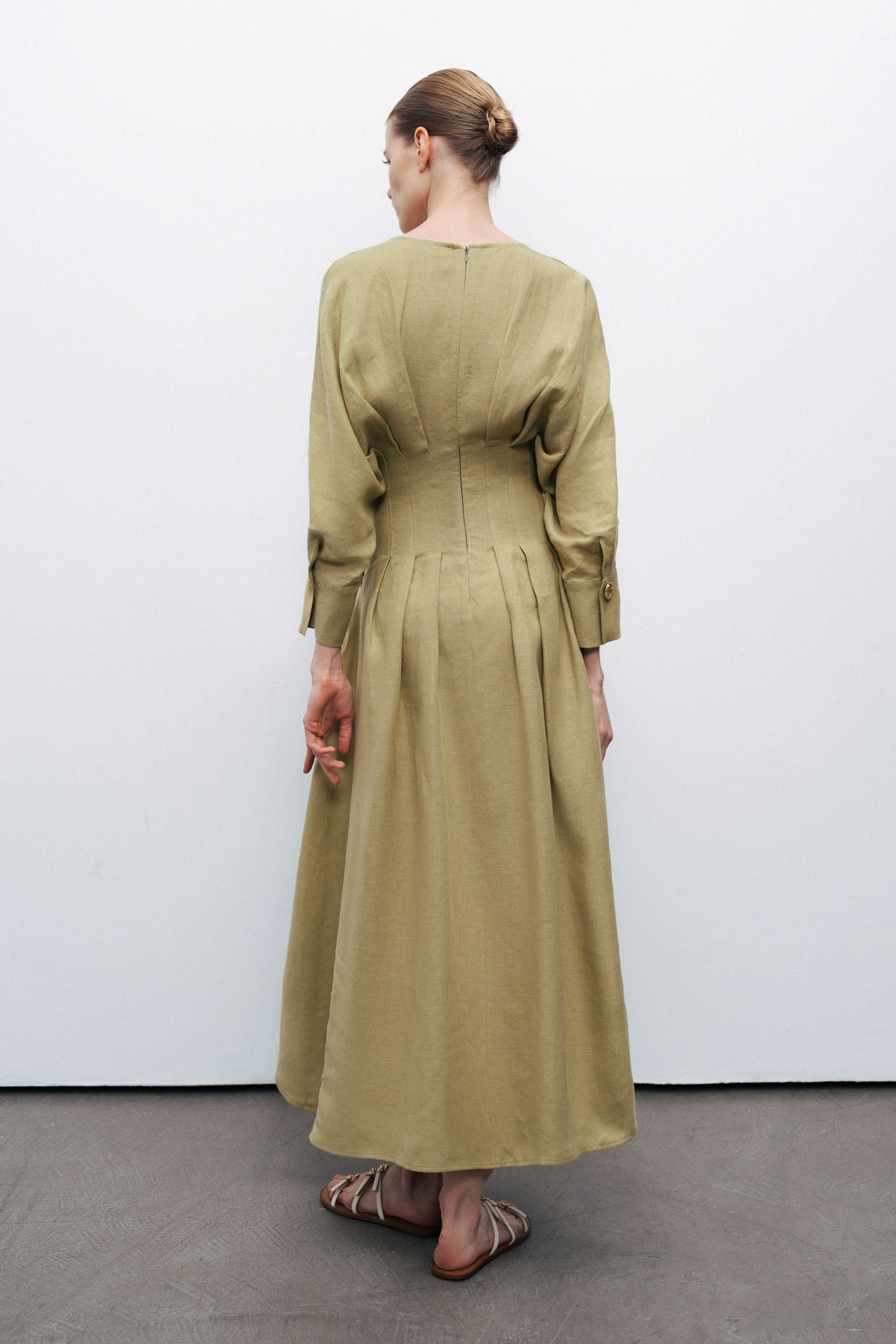 Olive Linen Pleated Midi Dress
