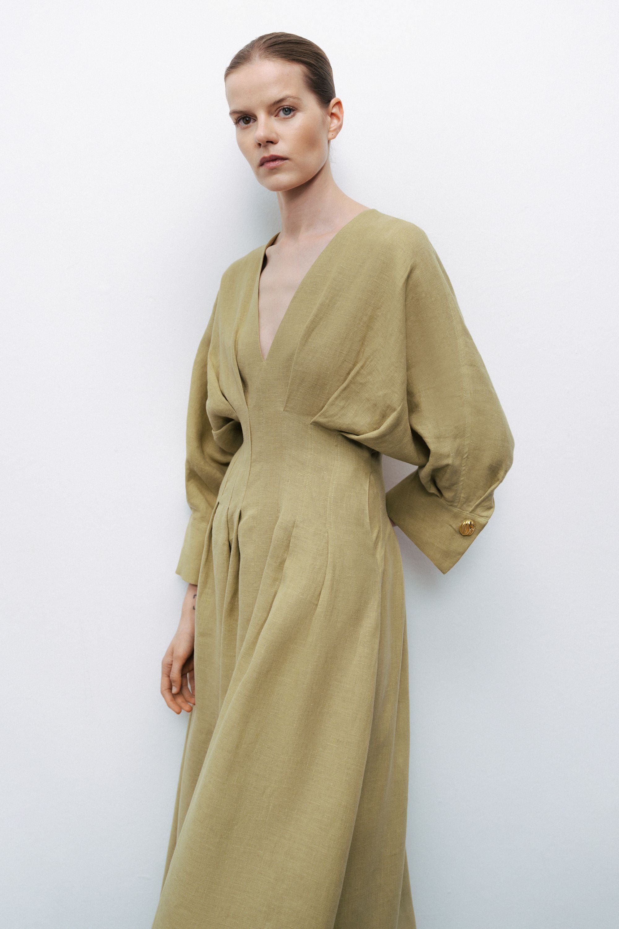 Olive Linen Pleated Midi Dress