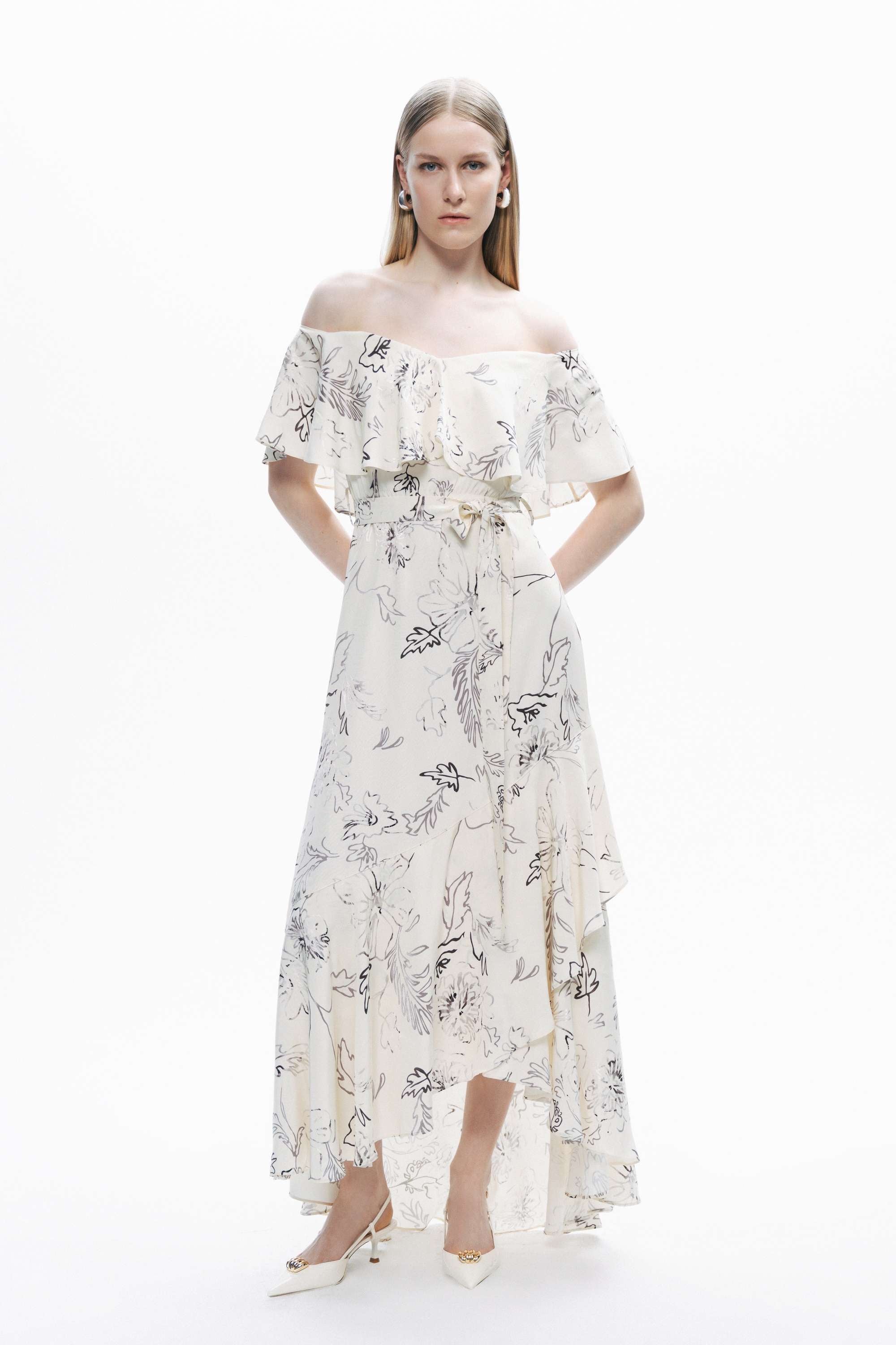 Ecru Floral Patterned Midi Dress with Sash Tie