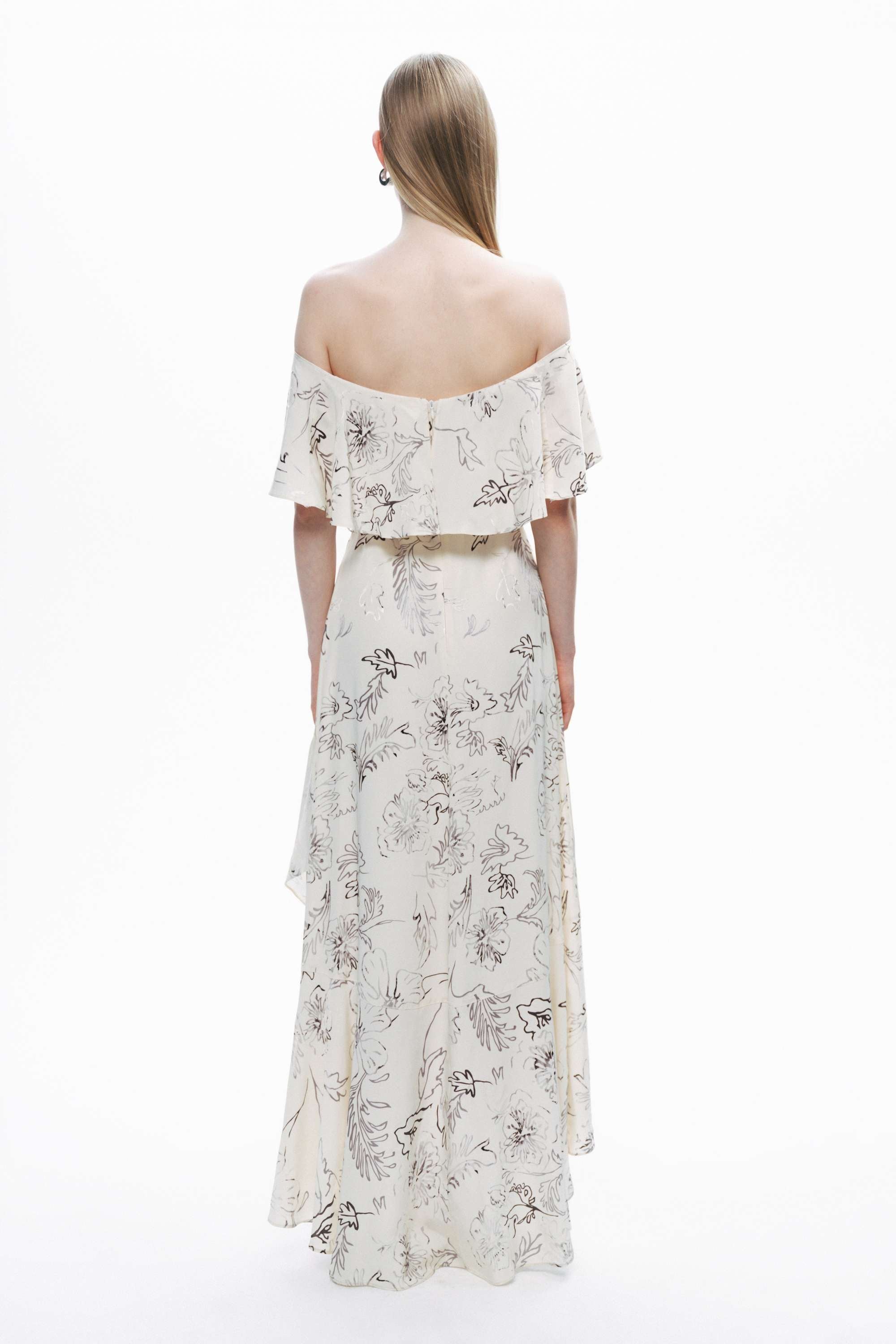 Ecru Floral Patterned Midi Dress with Sash Tie