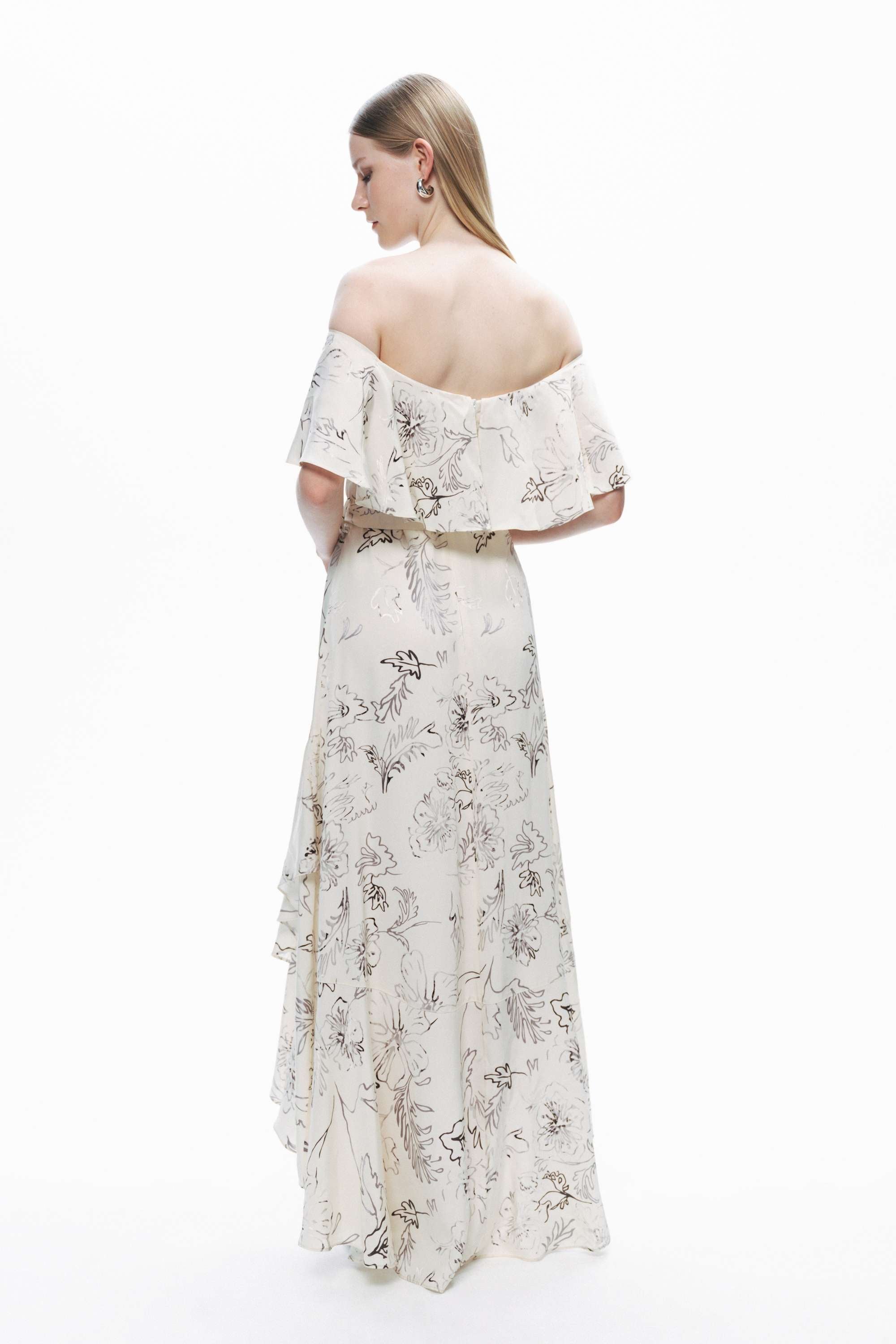 Ecru Floral Patterned Midi Dress with Sash Tie