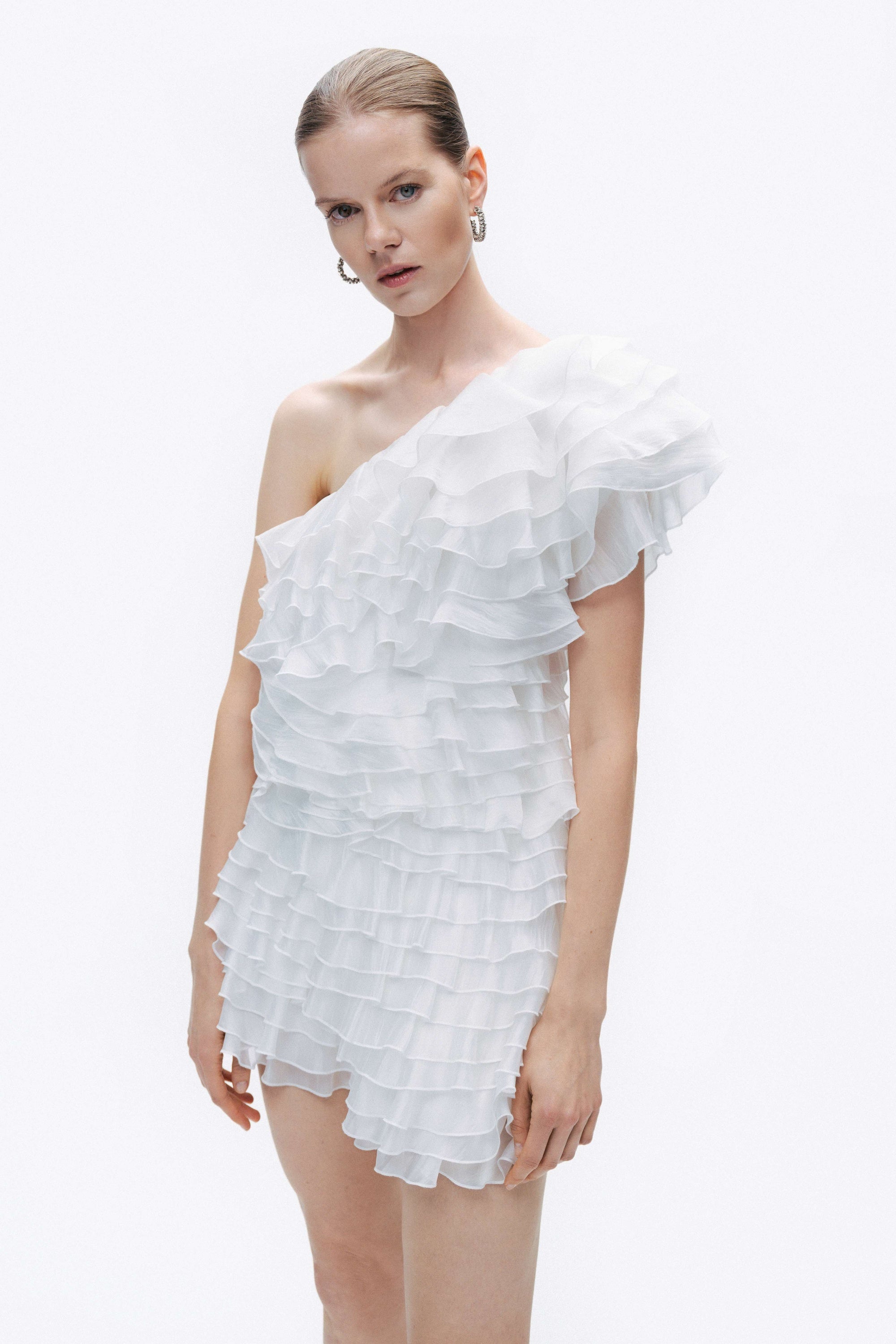 Ecru Mini Dress with Layered Ruffle Details