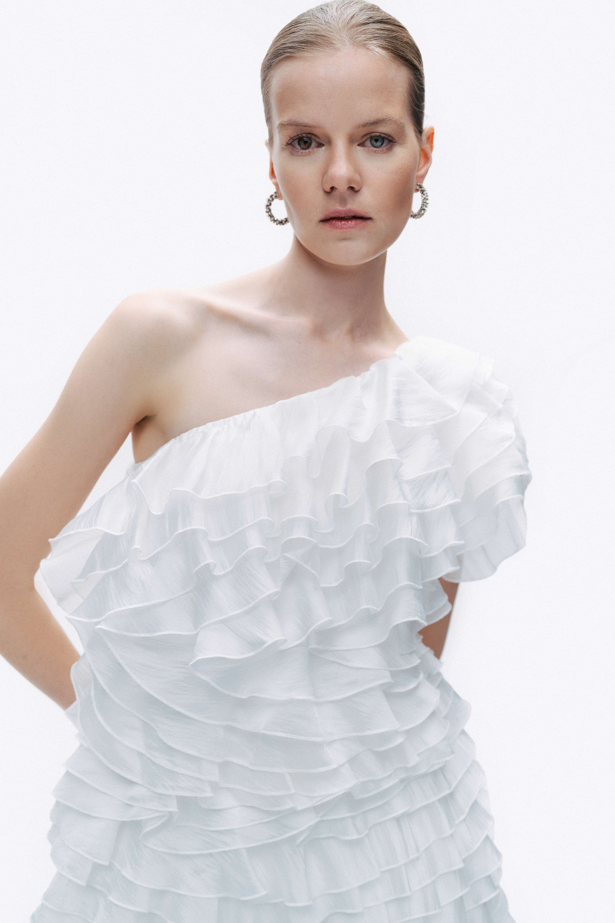 Ecru Mini Dress with Layered Ruffle Details