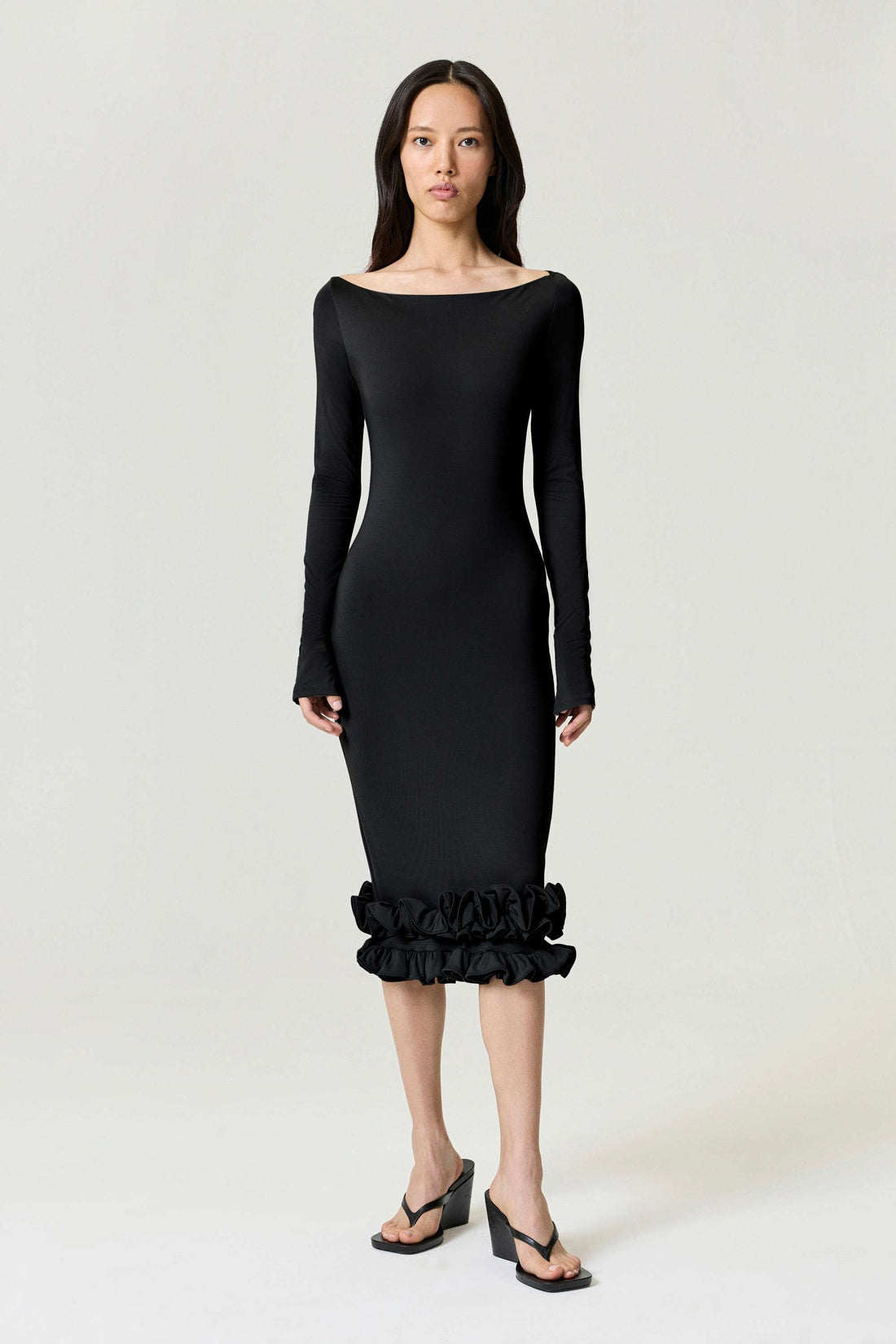 Black Jersey Maxi Dress with Ruffle Detail