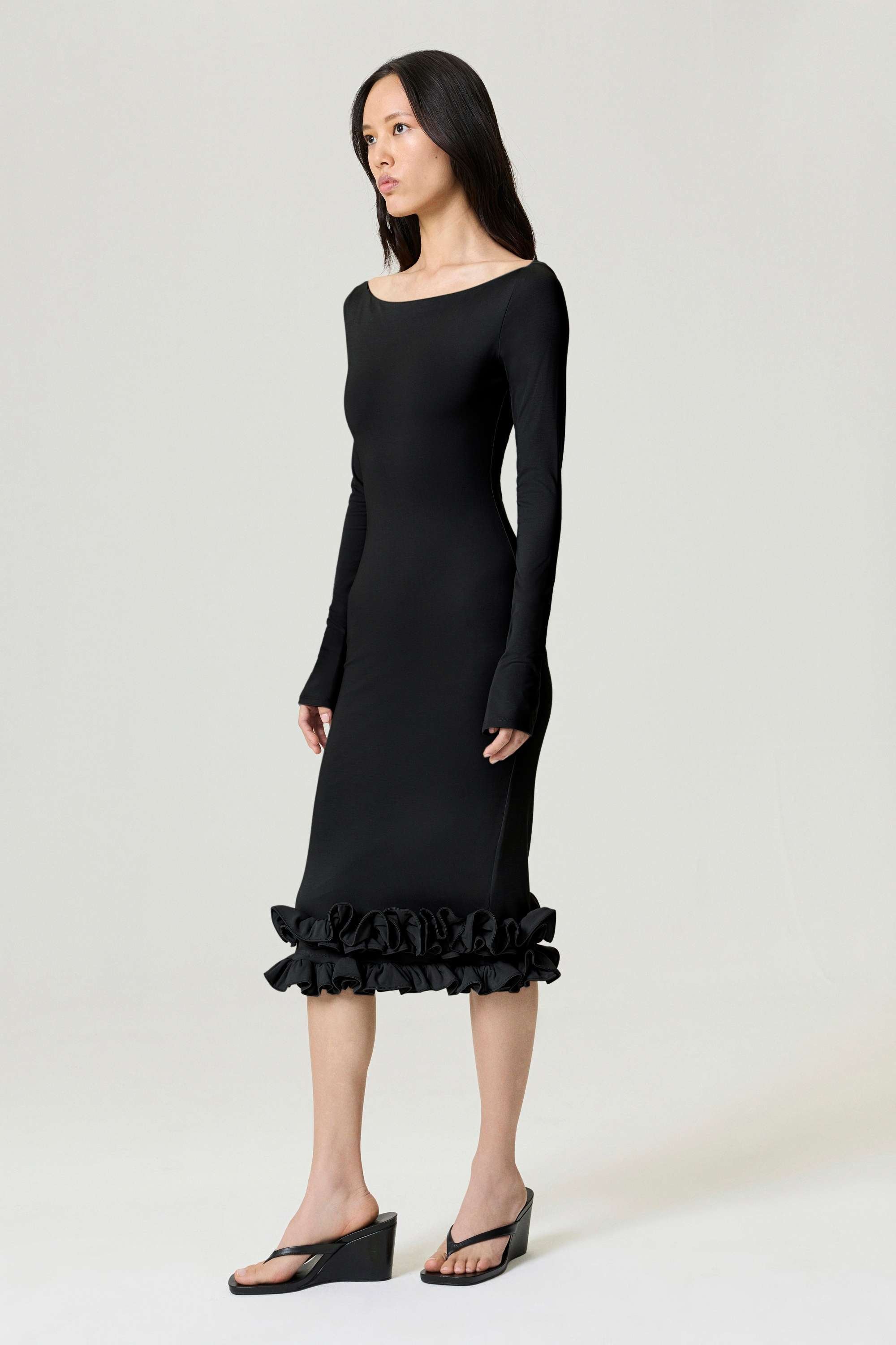 Black Jersey Maxi Dress with Ruffle Detail