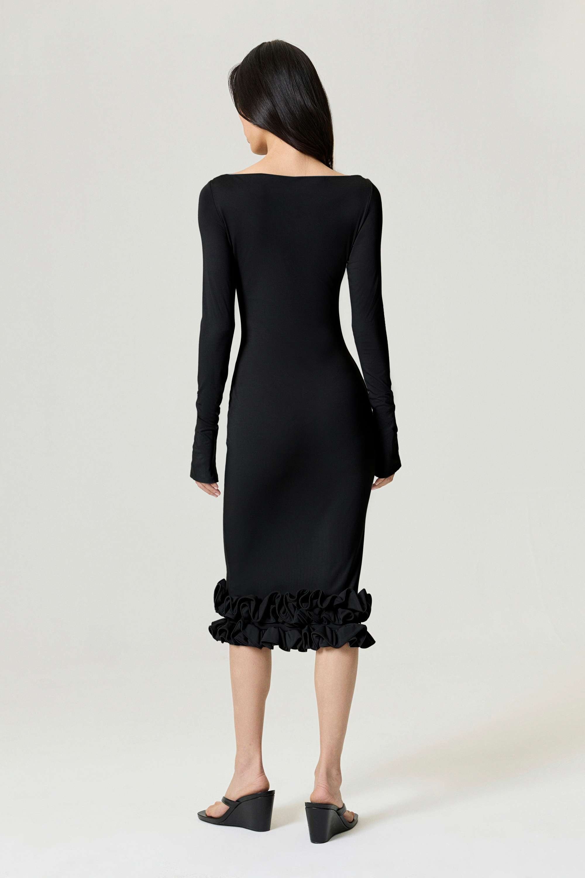 Black Jersey Maxi Dress with Ruffle Detail