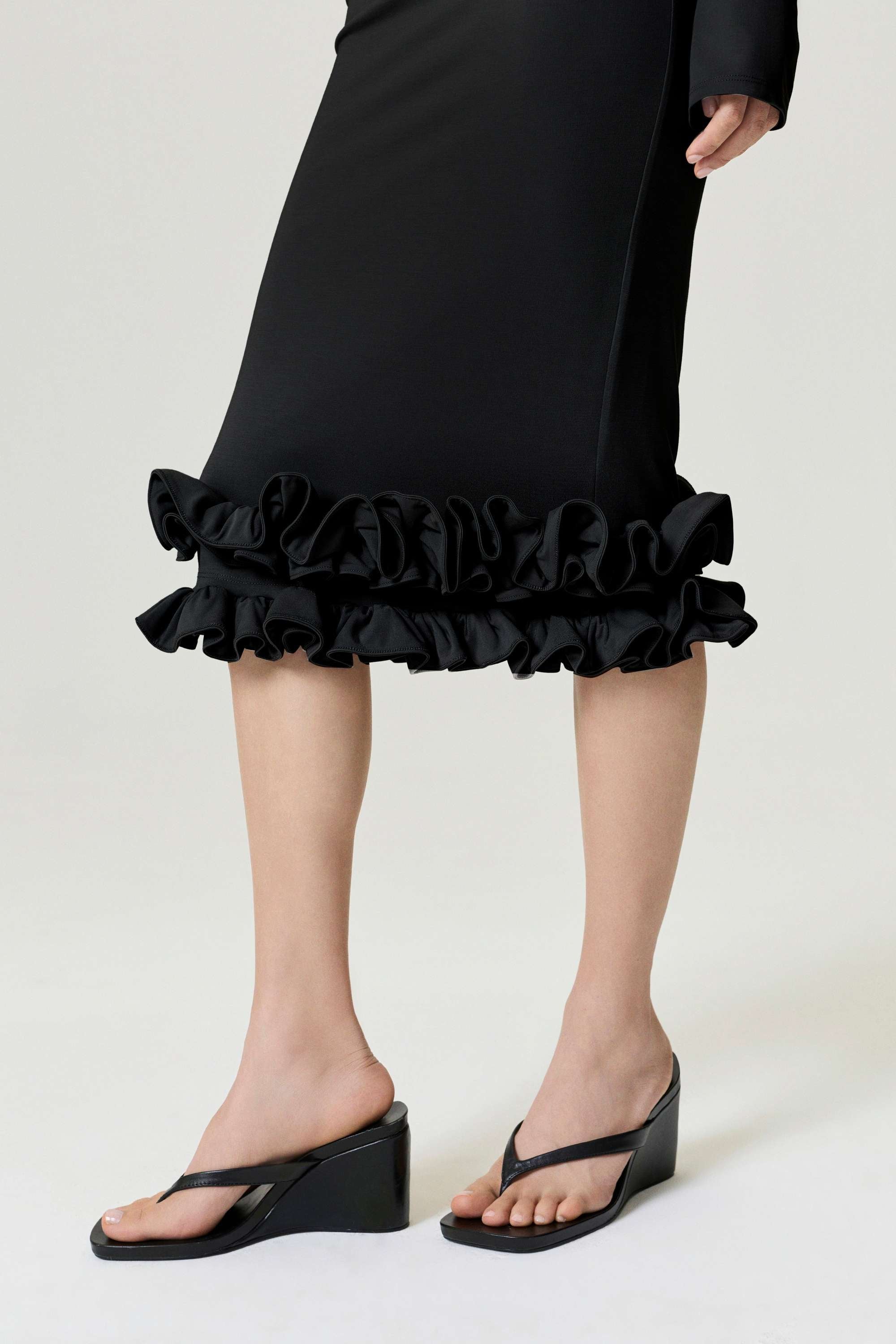 Black Jersey Maxi Dress with Ruffle Detail