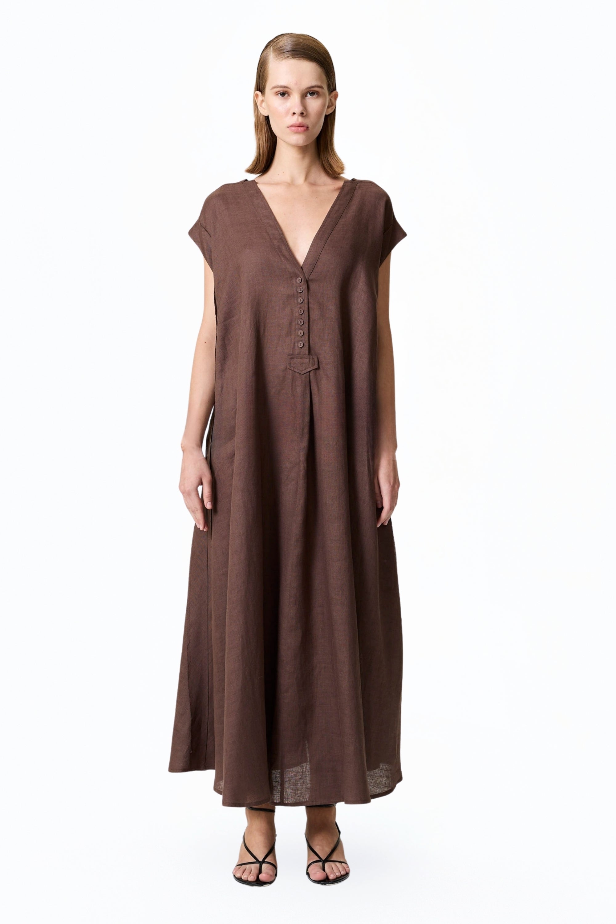 Coffe V-Neck Linen Maxi Dress