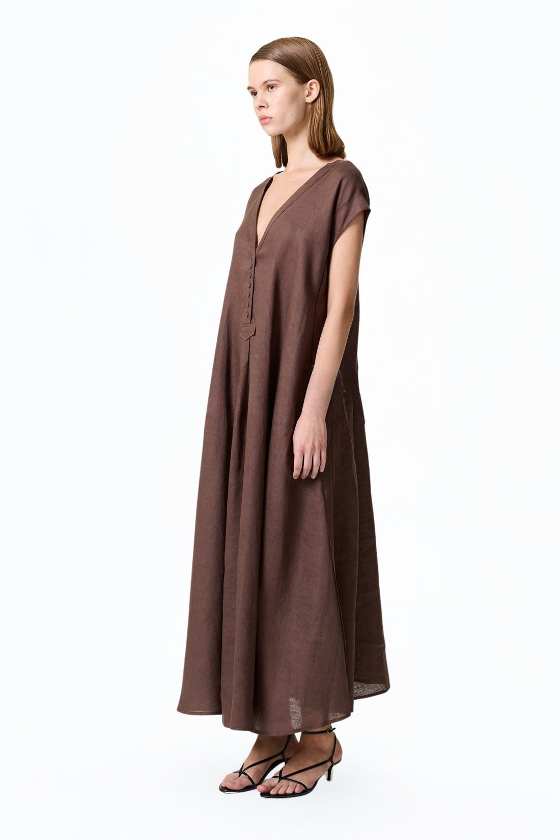 Coffe V-Neck Linen Maxi Dress