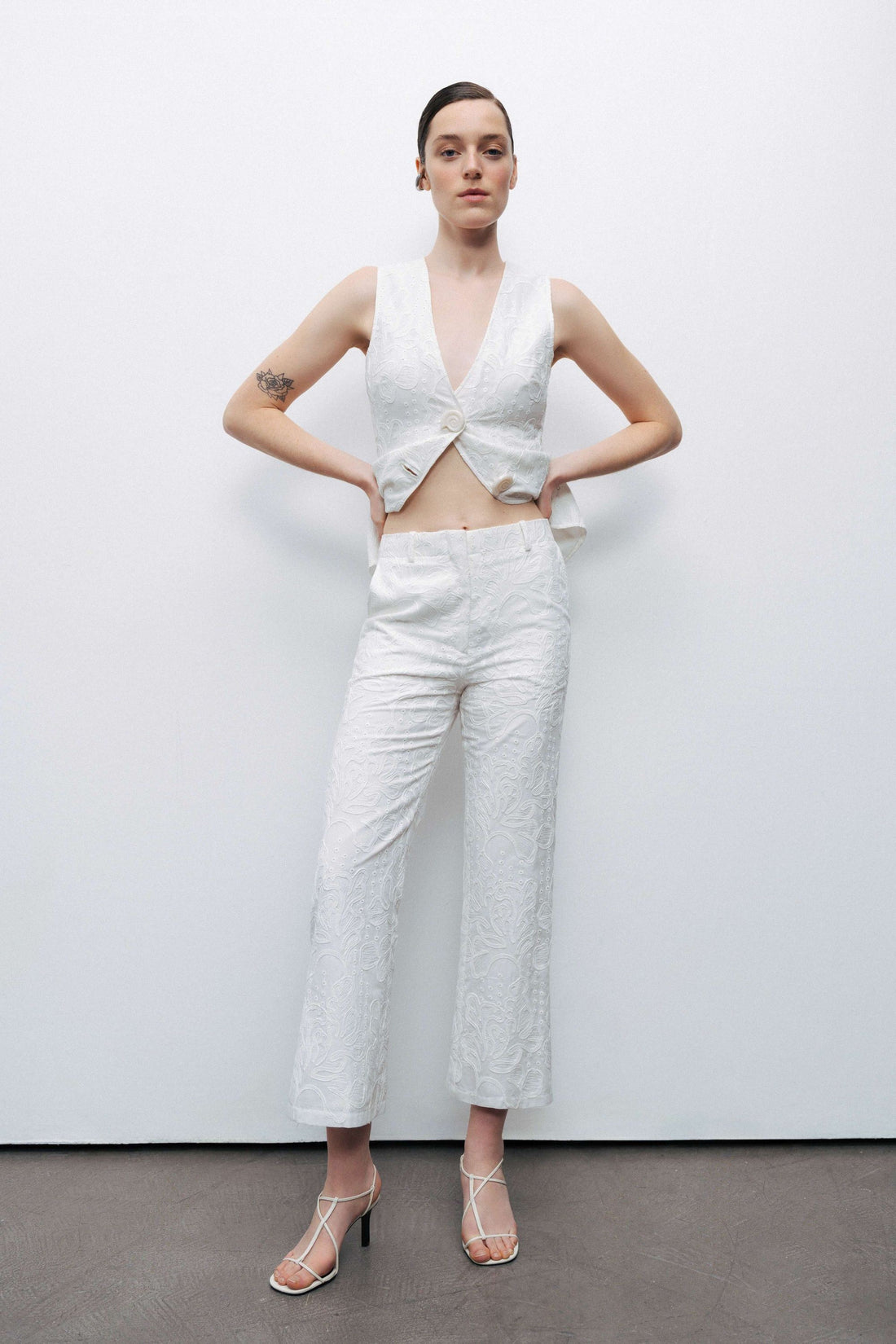 Ecru Embroidered Bootcut Pants