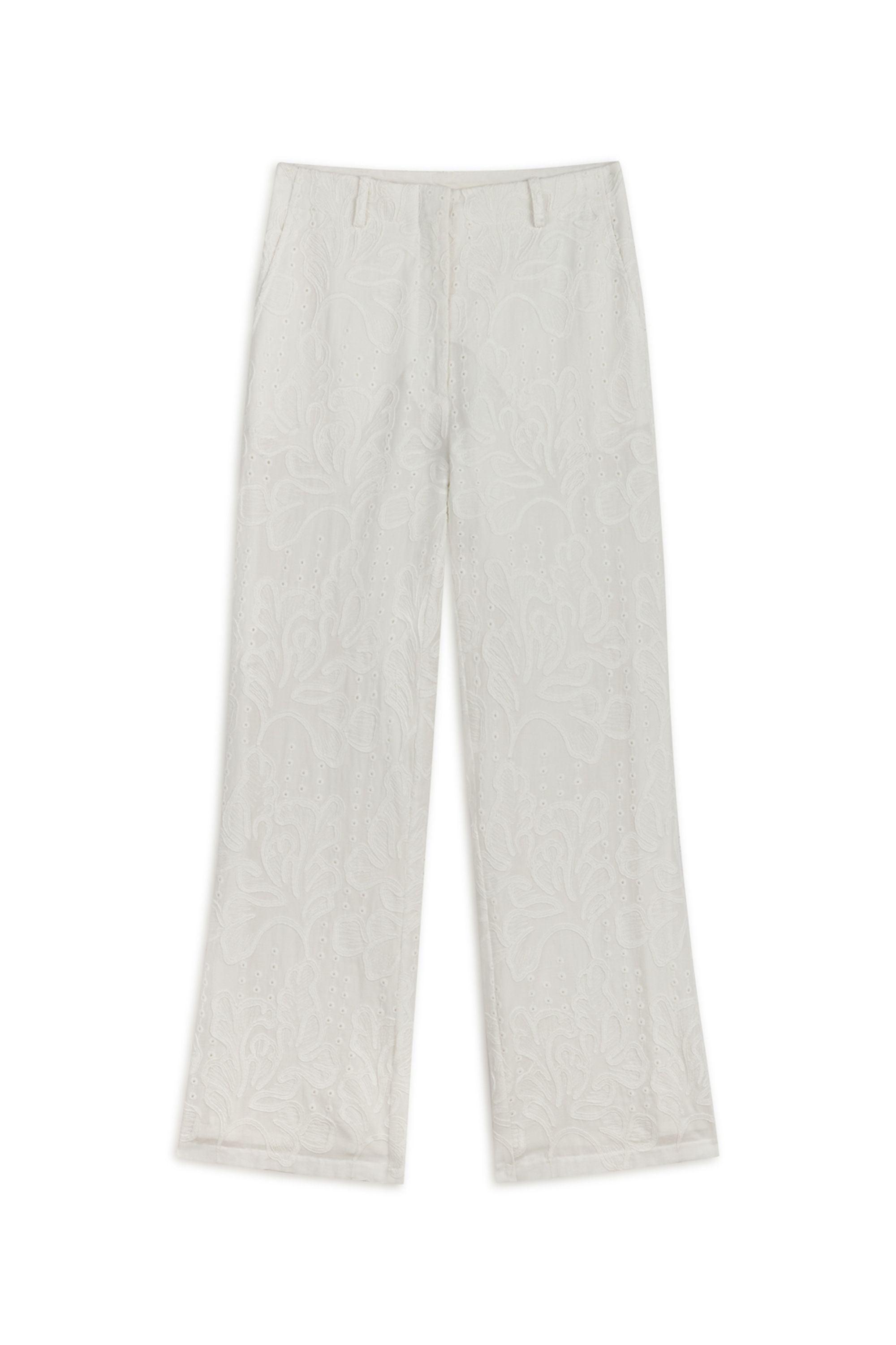 Ecru Embroidered Bootcut Pants