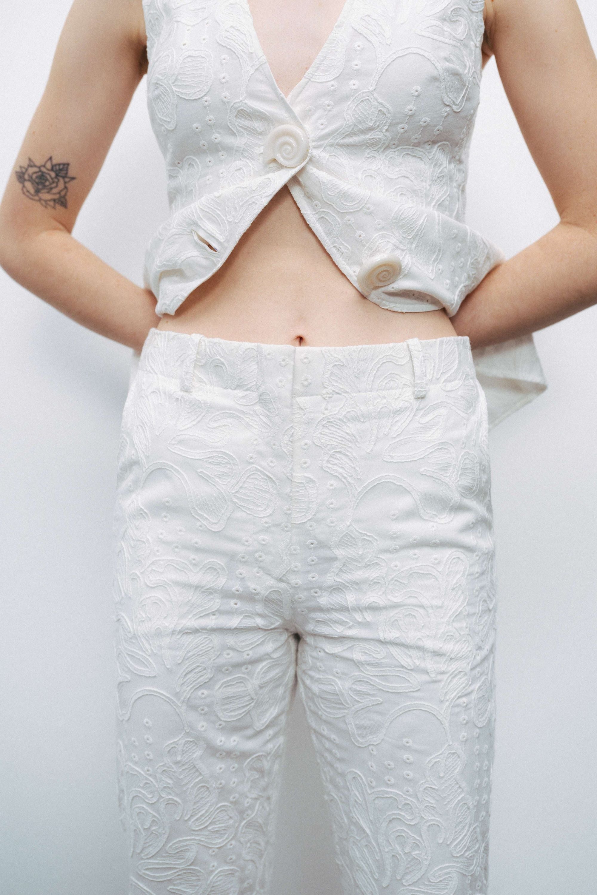 Ecru Embroidered Bootcut Pants