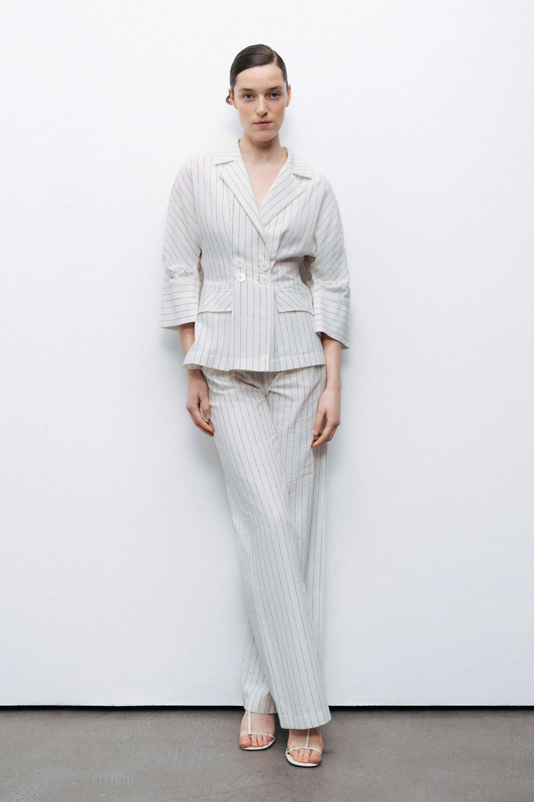 Linen Blend Ecru Striped High Waist Pants